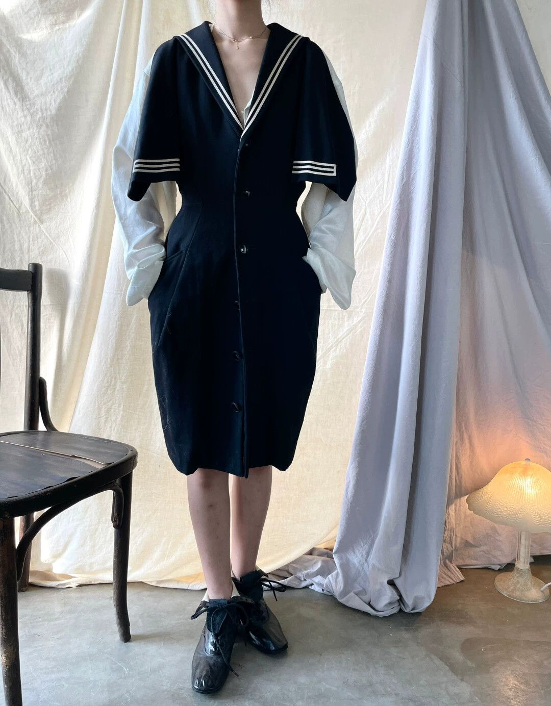 Yohji Yamamoto YOHJI YAMAMOTO 1989FW Navy Waist-Cinched Wool Dress Size S / US 4 / IT 40 - 8 Thumbnail