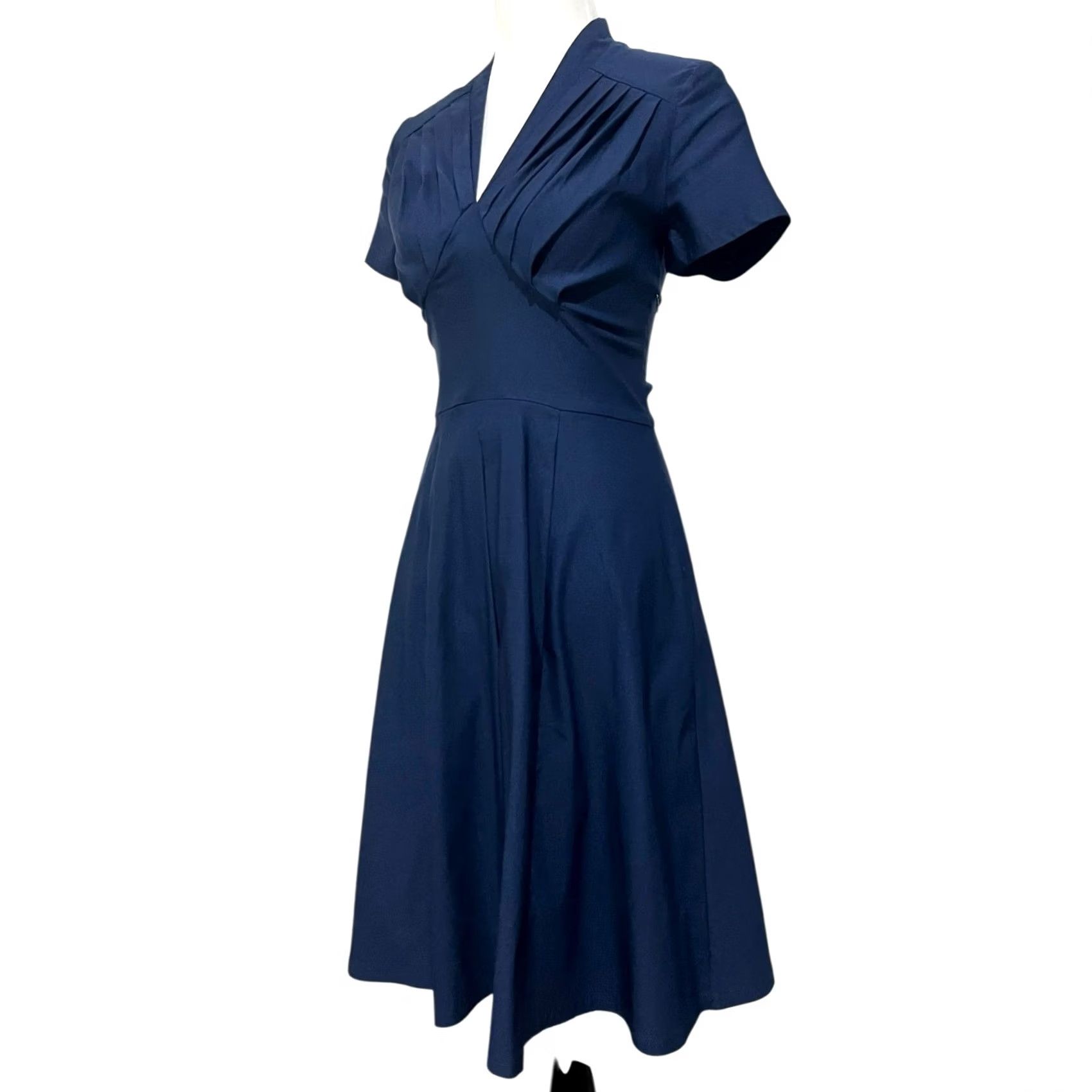 Vintage Miss Lulo Dress Navy Blue Midi Fit & Flare Pleated Short Sleeve Stretch Womens L Dress Size 36" / US 14 / IT 50 - 3 Thumbnail