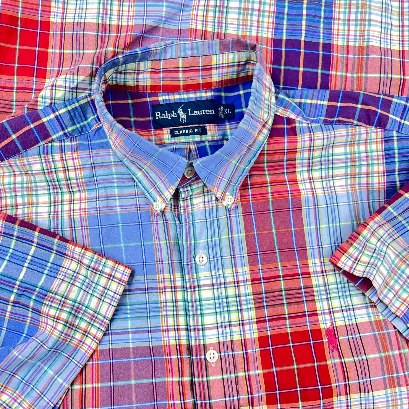 Ralph Lauren Ralph Lauren Shirt Men XL Button-Up Plaid Blue Red Tartan Camp Classic Fit Button-Front Short Sleeve, Cotton, Casual, 90s Style Size US XL / EU 56 / 4 - 2 Thumbnail