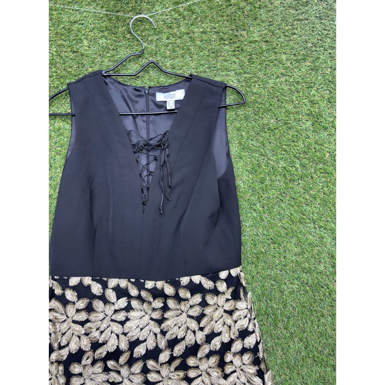 Belle Badgley Mischka Dress Womens 10 Black Gold Fringe Hem Formal  Sleeveless