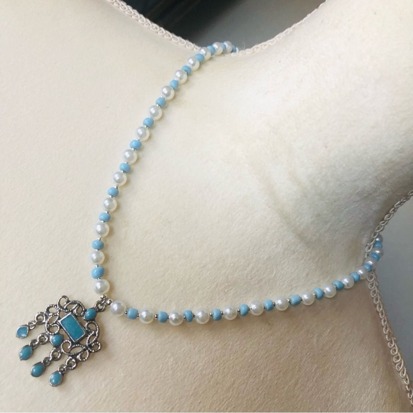 Handmade Handcrafted repurpose turquoise enamel Pearl necklace Size ONE SIZE - 1 Thumbnail