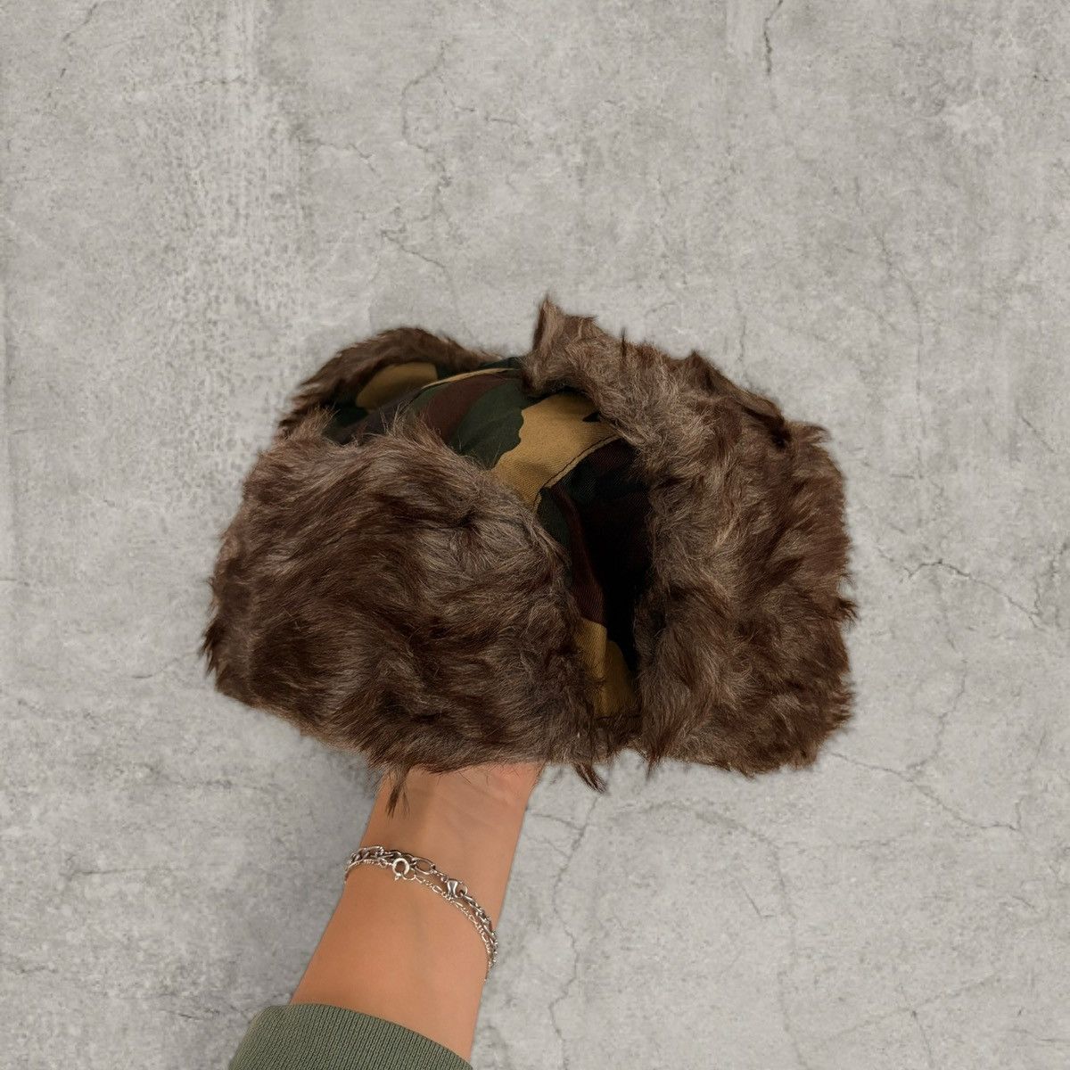 Japanese Brand Russian Ushanka fluffy winter hat in brown camo. One size Size ONE SIZE - 3 Thumbnail