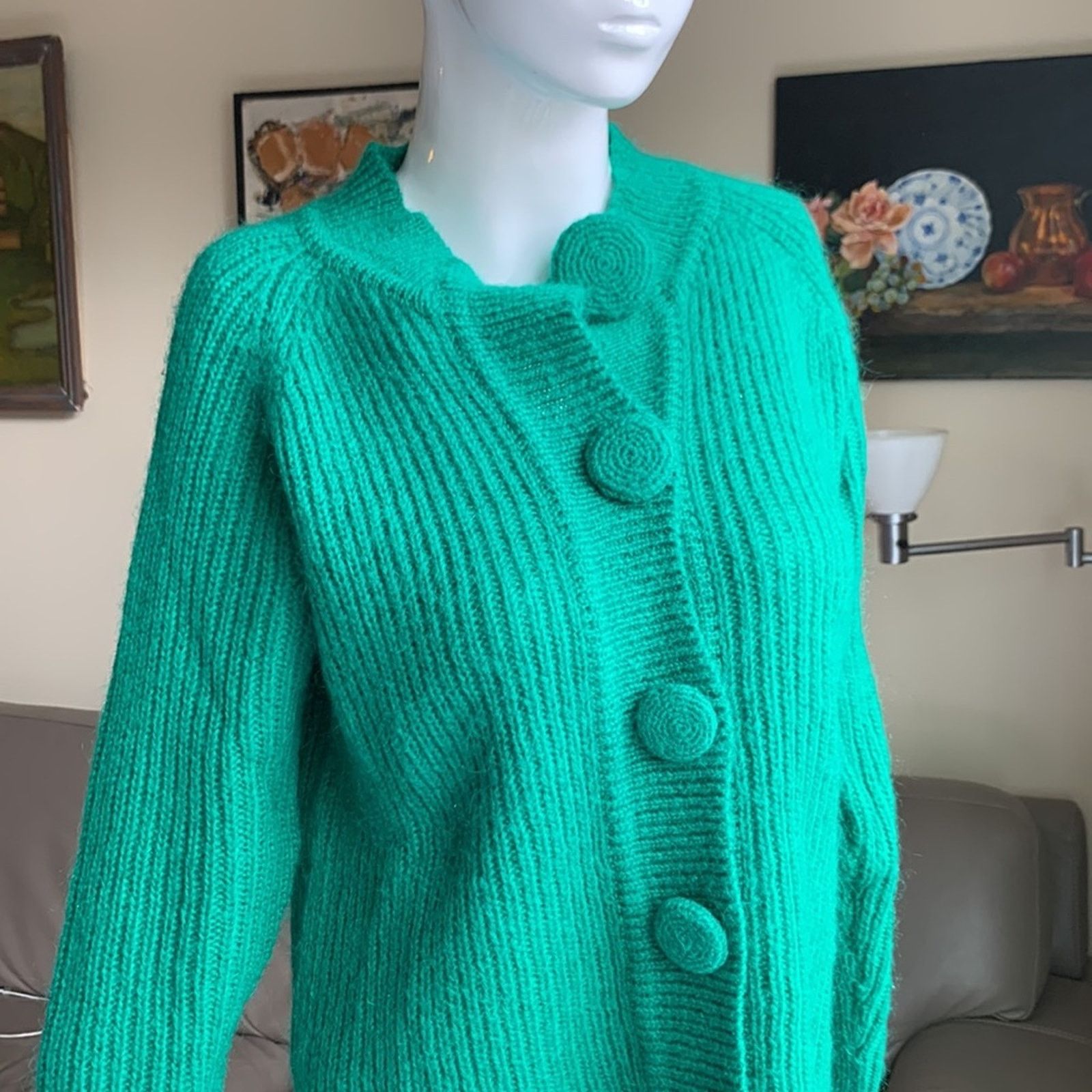 Vintage 80's green mohair blend green cardigan cropped oversized Size S / US 4 / IT 40 - 1 Thumbnail