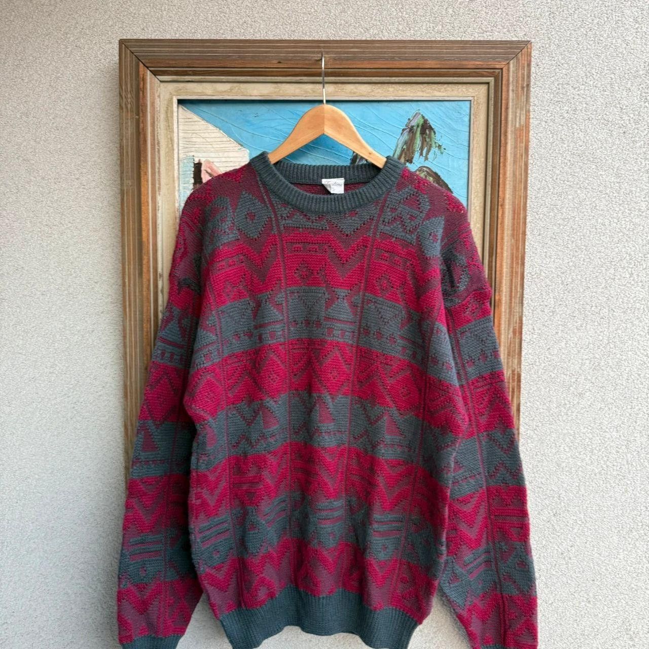 Vintage Vintage 90s Wool Jumper Grey Burgandy Size US L / EU 52-54 / 3 - 3 Thumbnail