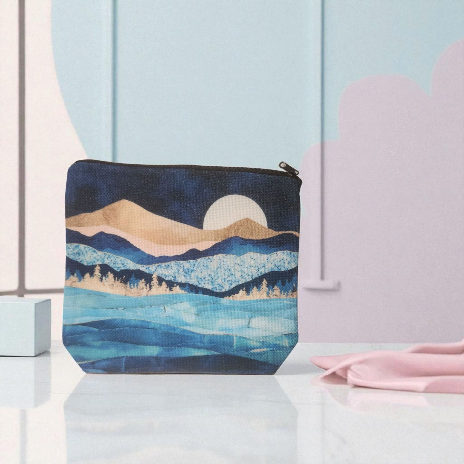 Other Mountain Landscape Zipper Cosmetic Pouch - Blue Makeup Bag Size ONE SIZE - 5 Thumbnail