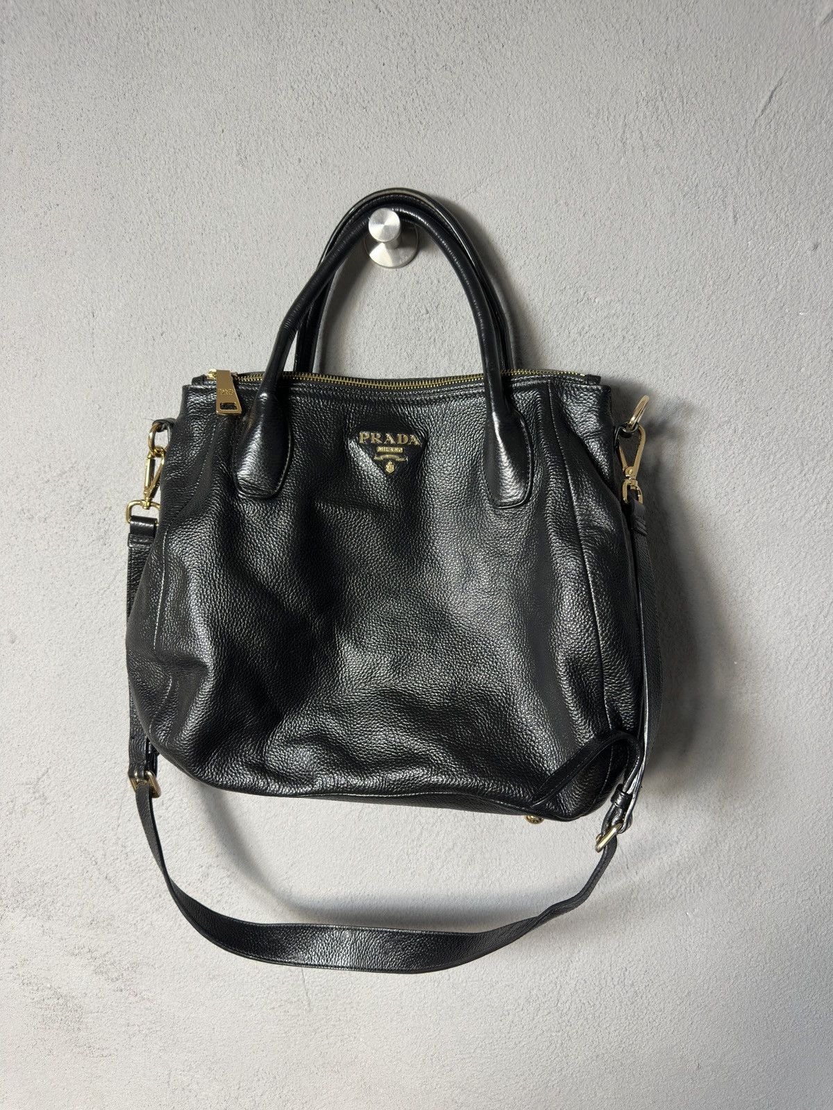 Designer × Prada Prada Black Vitello Daino Leather Sacca 2 Manici Hobo Bag Size ONE SIZE - 4 Thumbnail