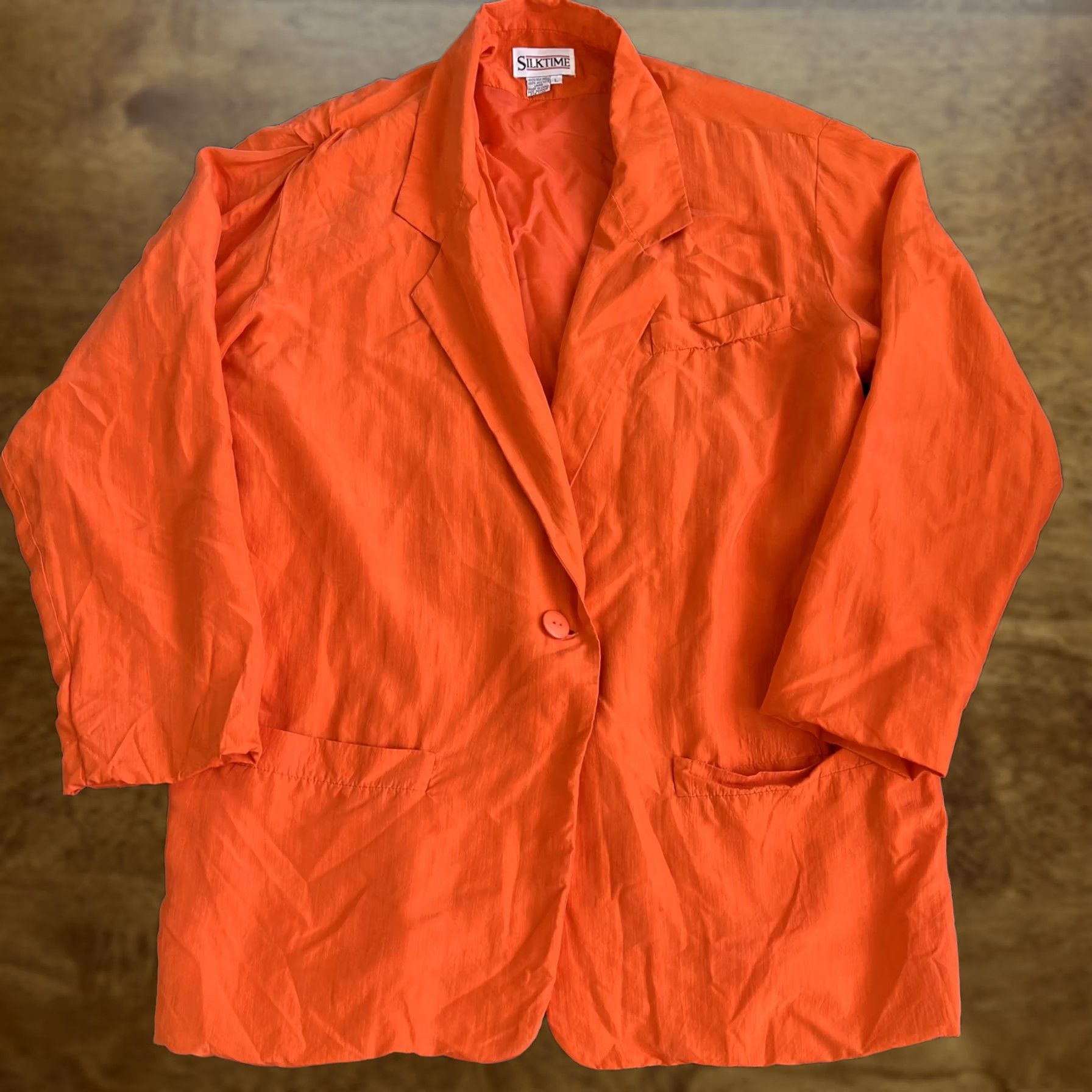 Vintage Silktime Jacket Womens Large Orange 100% Silk Lined Blazer career work office Notch Lipel? Size L / US 10 / IT 46 - 1 Thumbnail