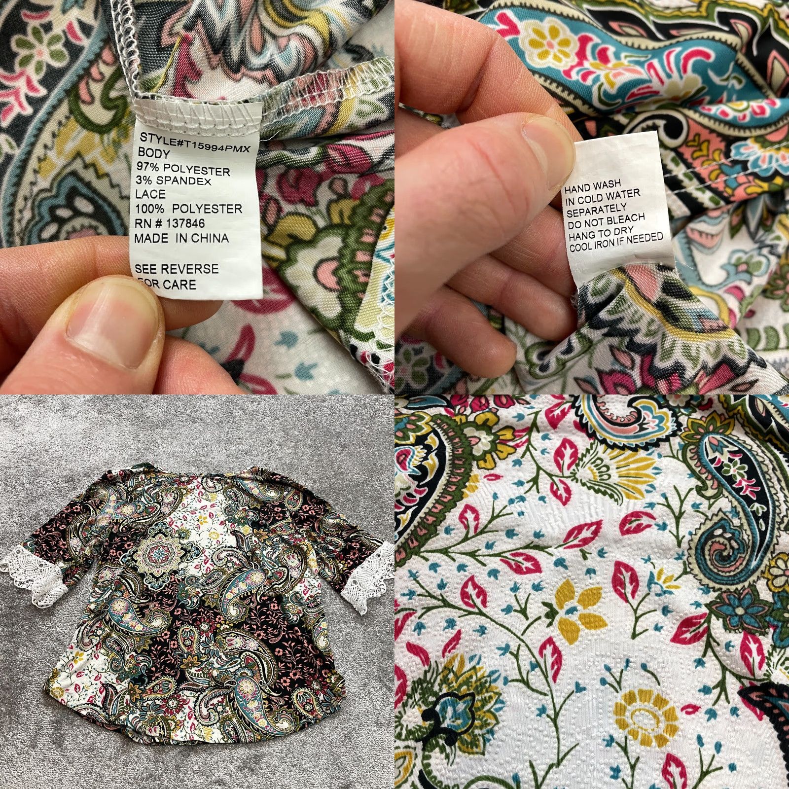 Vintage Unbranded Blouse Shirt Womens 2XL Paisley Floral 3/4 Sleeve Lace Cuff V Neck Top Size XXL / US 16-18 / IT 52-54 - 8 Thumbnail