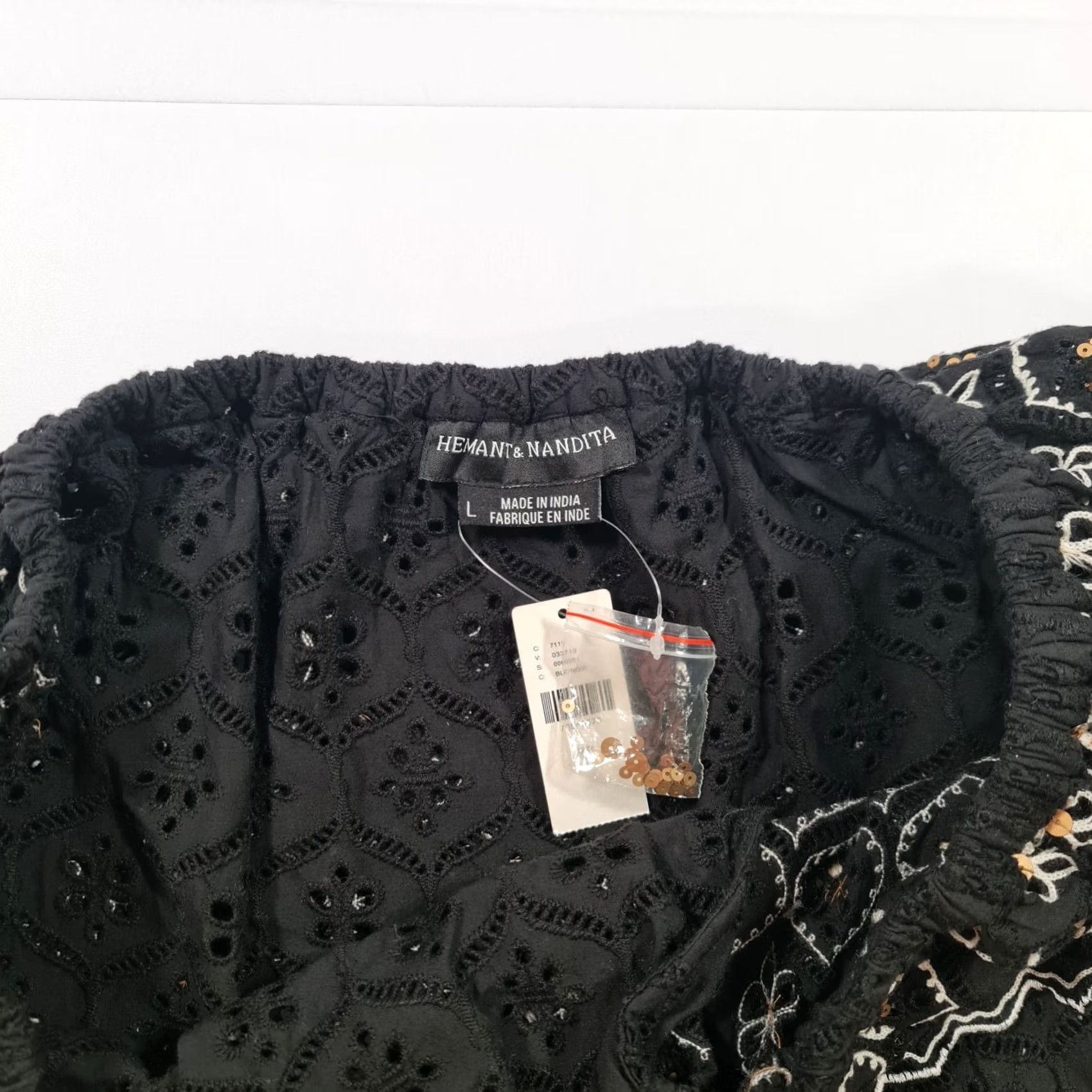 Hemant & Nandita Hemant & Nandita Blouse Womens Off The Shoulder Black Large Top Short Sleeve Satin Crochet Lace Embroidered 100% Cotton Size L / US 10 / IT 46 - 2 Thumbnail