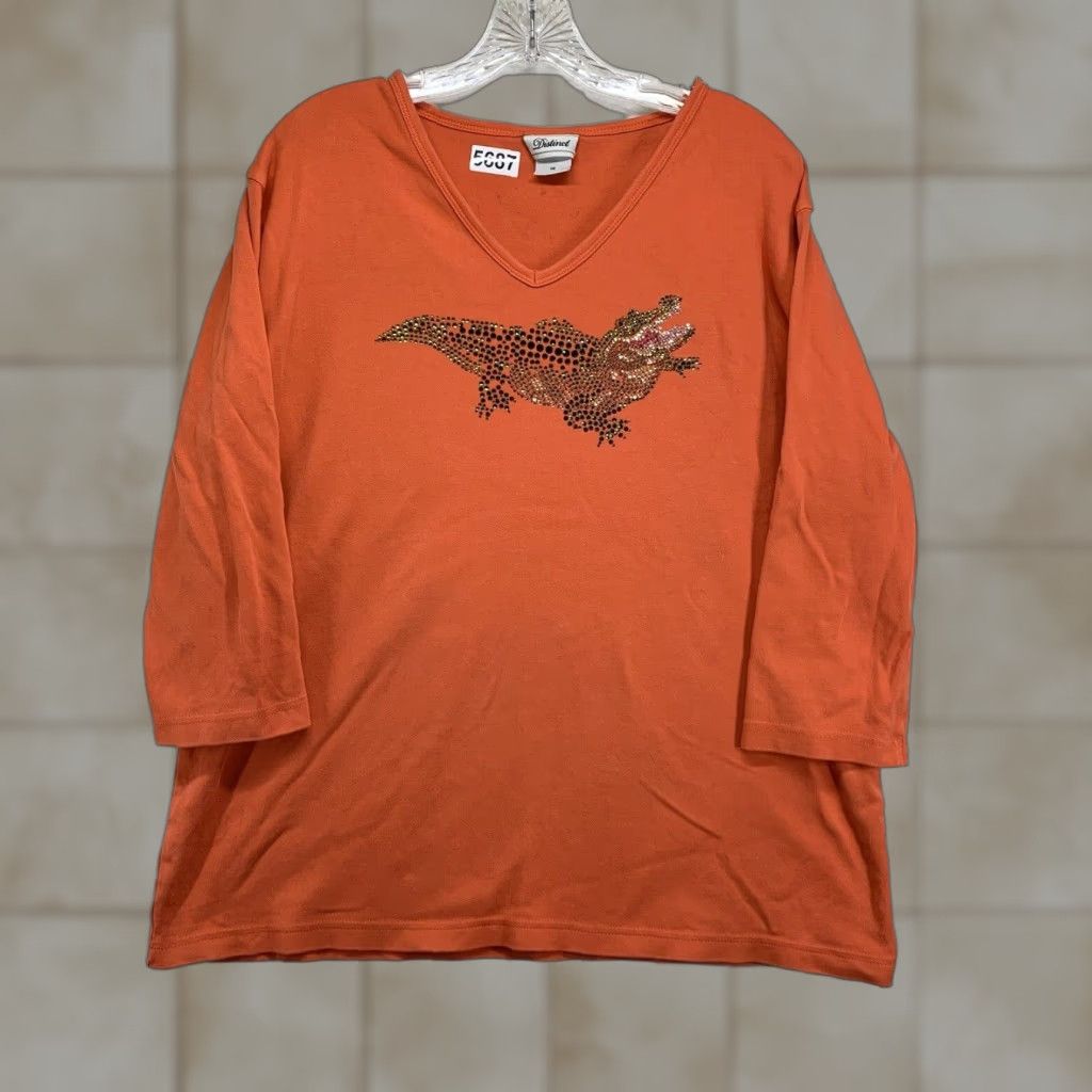 Vintage VINTAGE Women’s Cotton V-Neck T-Shirt 1X Plus Size Orange Alligator Sequin Embellished Beach Casual Size XL / US 12-14 / IT 48-50 - 1 Thumbnail