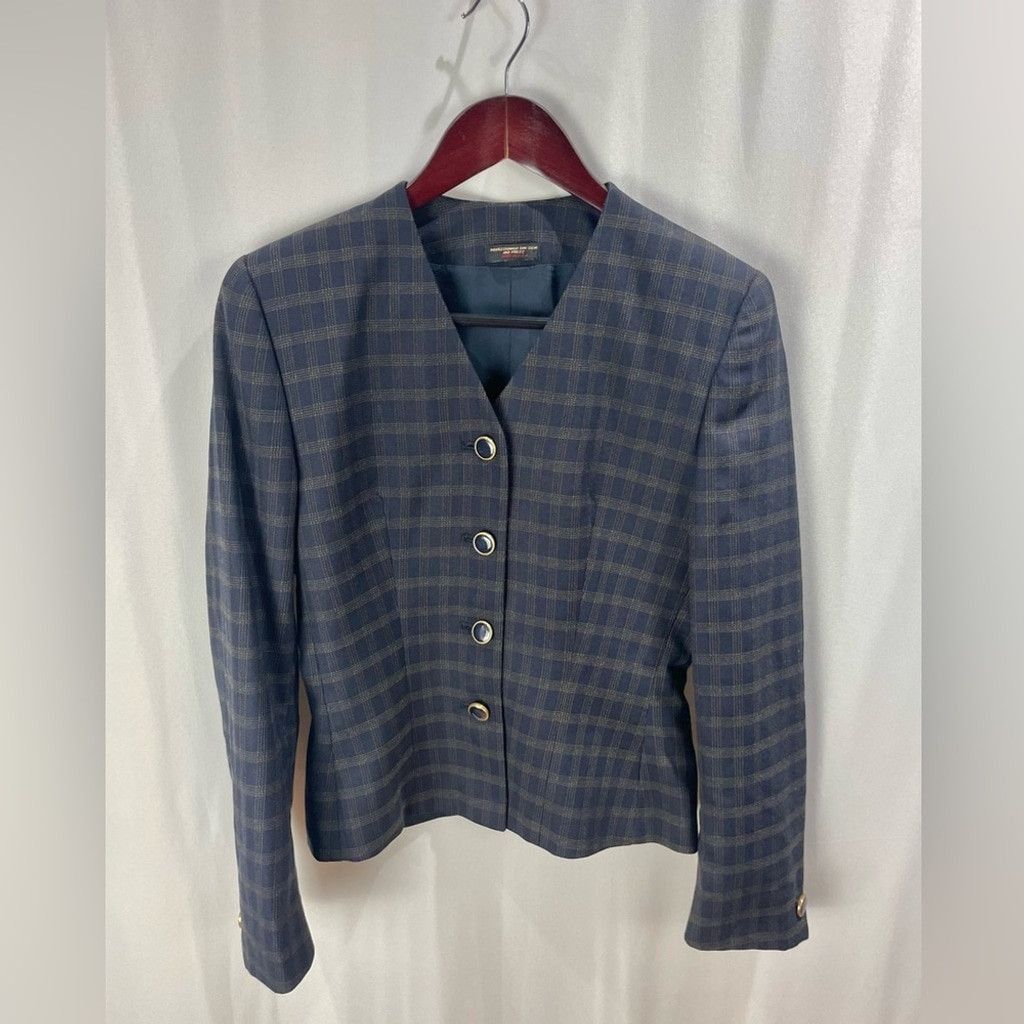 Vintage Vintage 100% Wool Navy Plaid Tailored Short Jacket US S Size S / US 4 / IT 40 - 2 Thumbnail