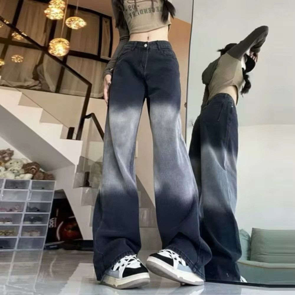 Wide-leg jeans female large black-gray gradient meat design