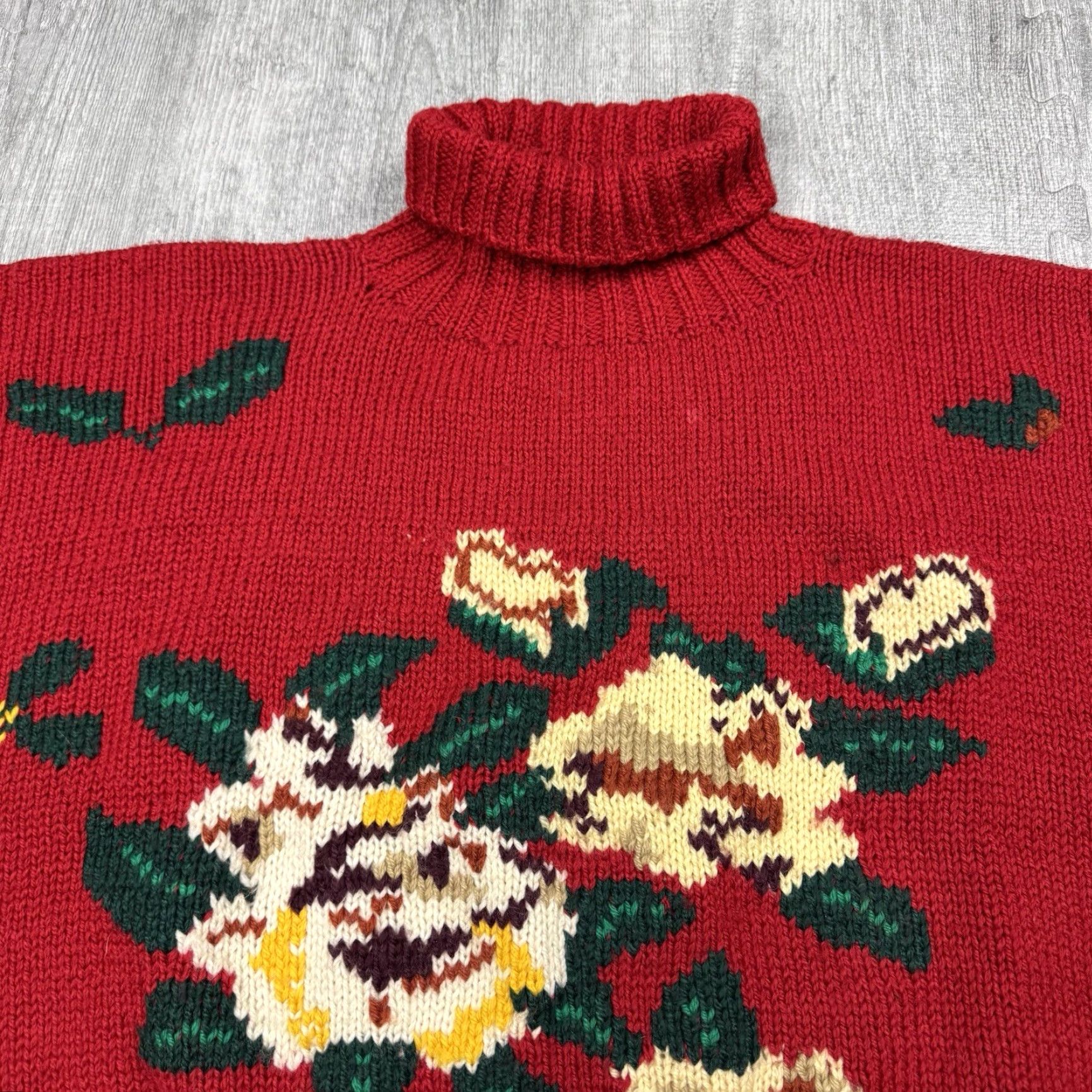 Vintage VINTAGE 1980s Harwood Crafts Wool Floral Chunky Knit Turtleneck Sweater L/XL Womens Red Heavy Hand Knit Size L / US 10 / IT 46 - 2 Thumbnail