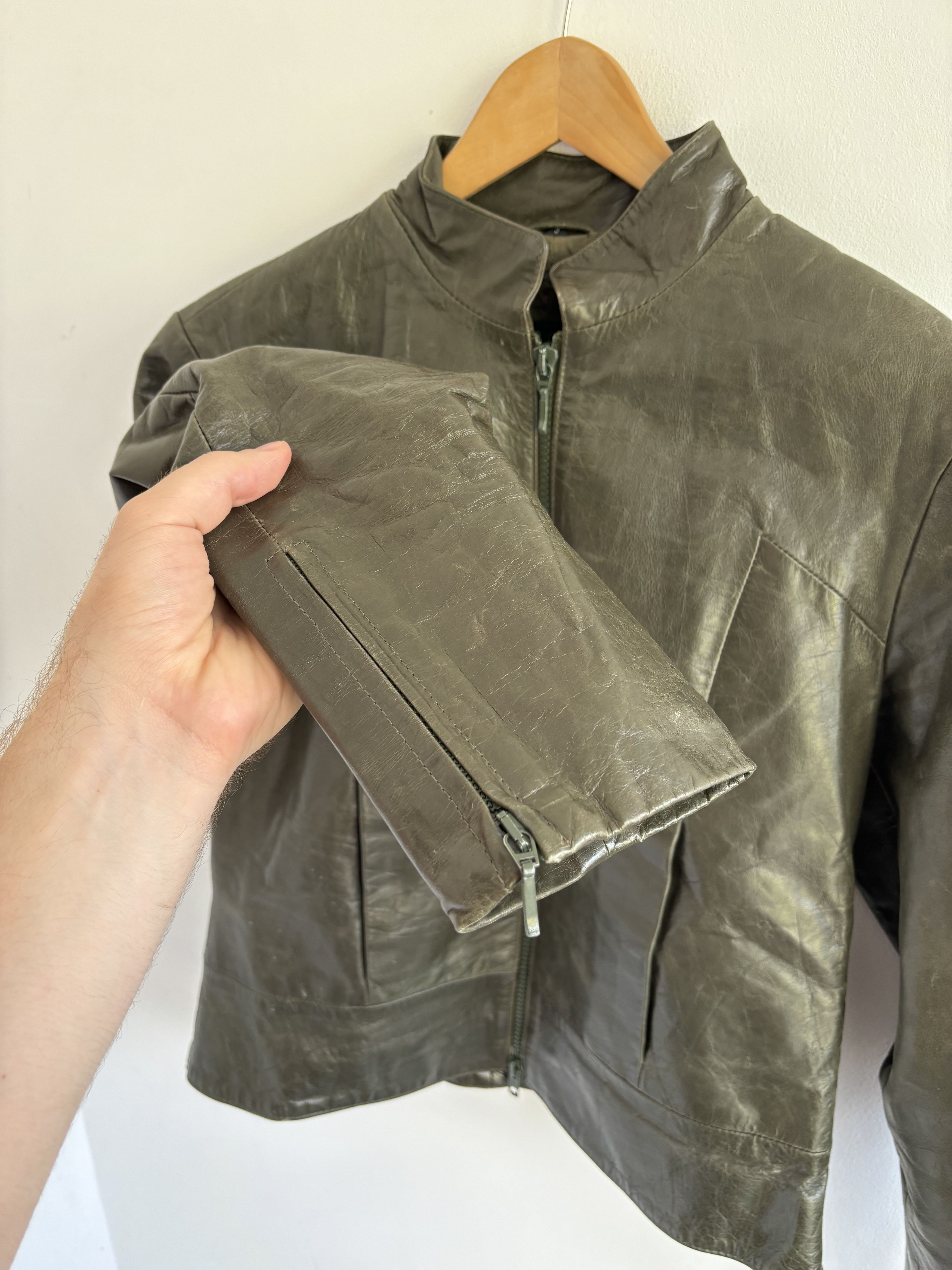 Genuine Leather Womens Olive Cow Nappa Leather Biker Style Rick Owens Jacket Size S / US 4 / IT 40 - 6 Thumbnail