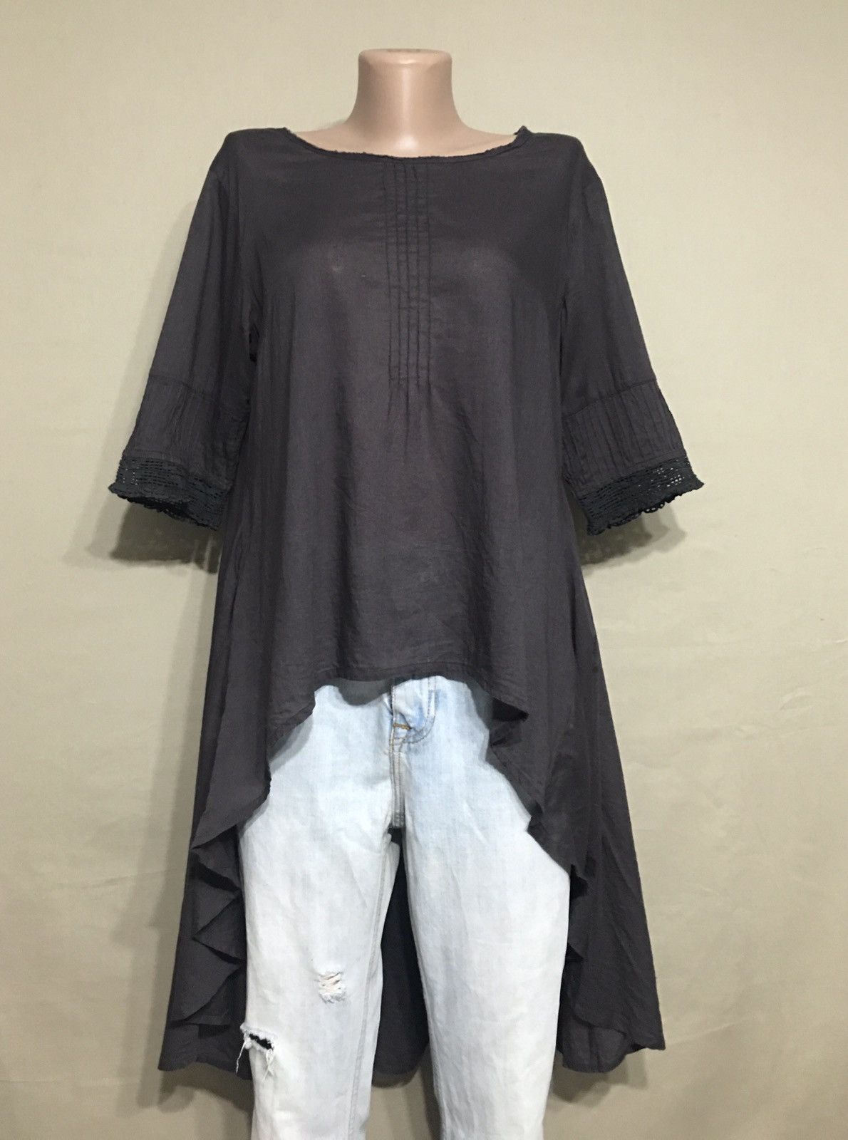 Designer Ewa i Walla Cotton Grey Lace Top Blouse Size S Size S / US 4 / IT 40 - 1 Thumbnail