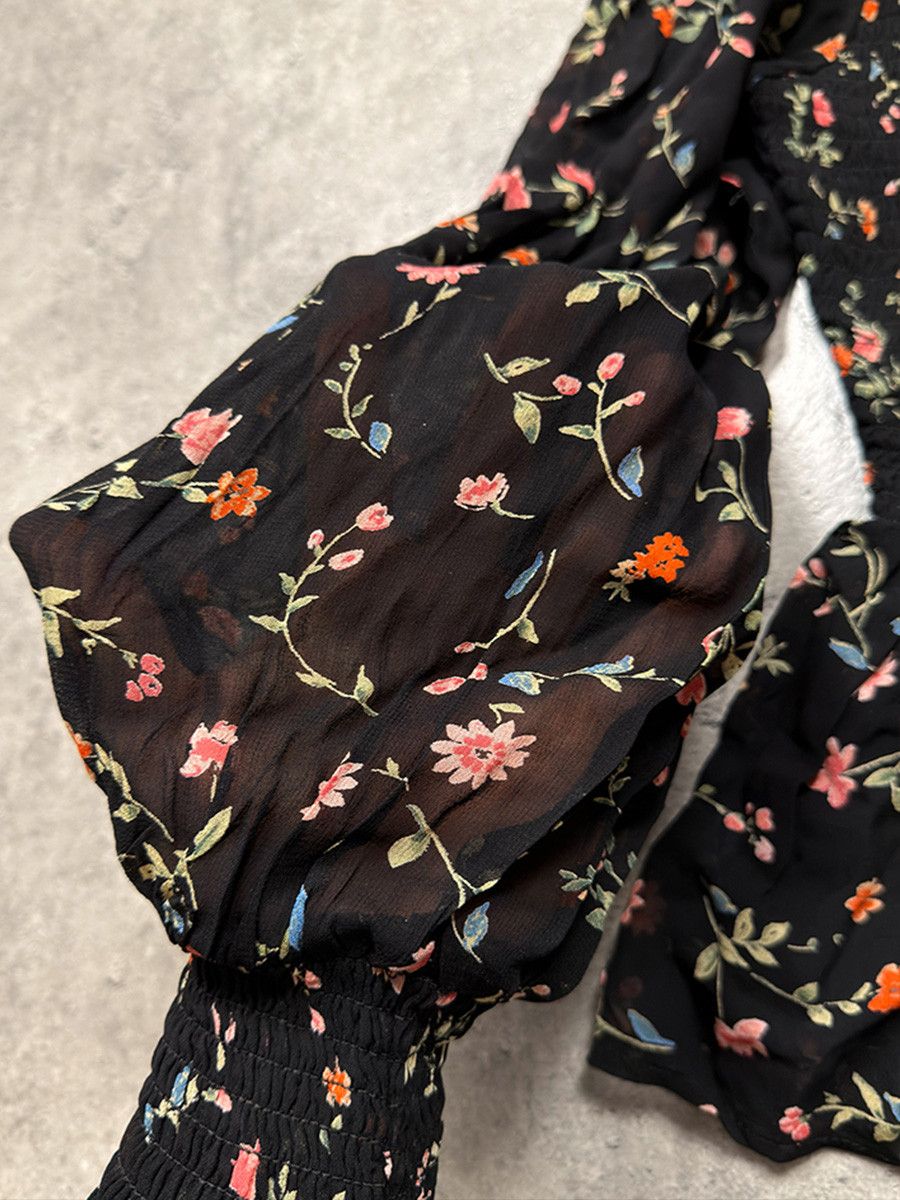 Ganni Ganni Blouse with Floral Print and Smocking, Black Size M / US 6-8 / IT 42-44 - 2 Thumbnail