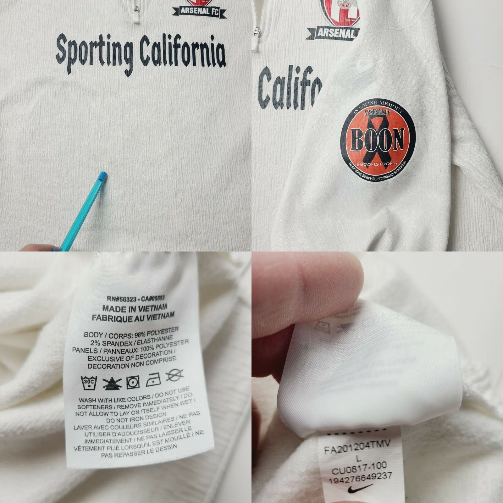 Nike Nike Arsenal FC Mens Large White 1/4 Zip Pullover Sweatshirt Sporting California Mens L White Arsenal FC Nike Shirt Classic Casual Sweatshirt Size US L / EU 52-54 / 3 - 8 Thumbnail