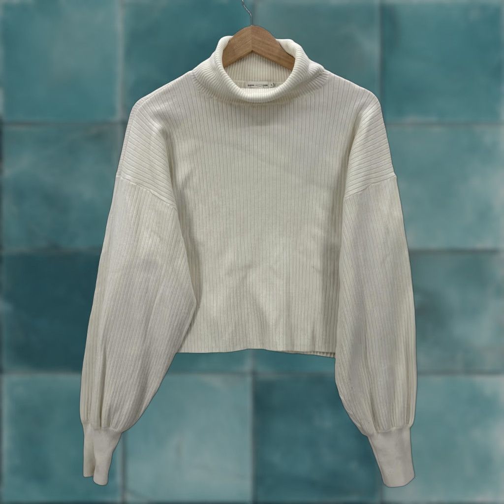 Good American Good American Sweater Womens Medium White Pullover Turtleneck Balloon Sleeve Knitted Knit Ribbed Cropped Relaxed Casual Summer Winter? Size M / US 6-8 / IT 42-44 - 1 Thumbnail
