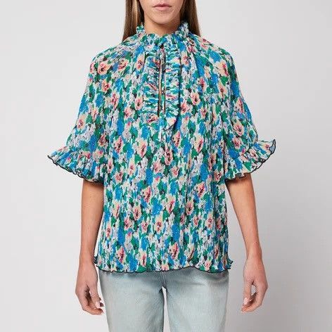 Gianni Valentino Ganni Women's Pleated Georgette Top - Floral Azure Blue Size M / US 6-8 / IT 42-44 - 1 Thumbnail