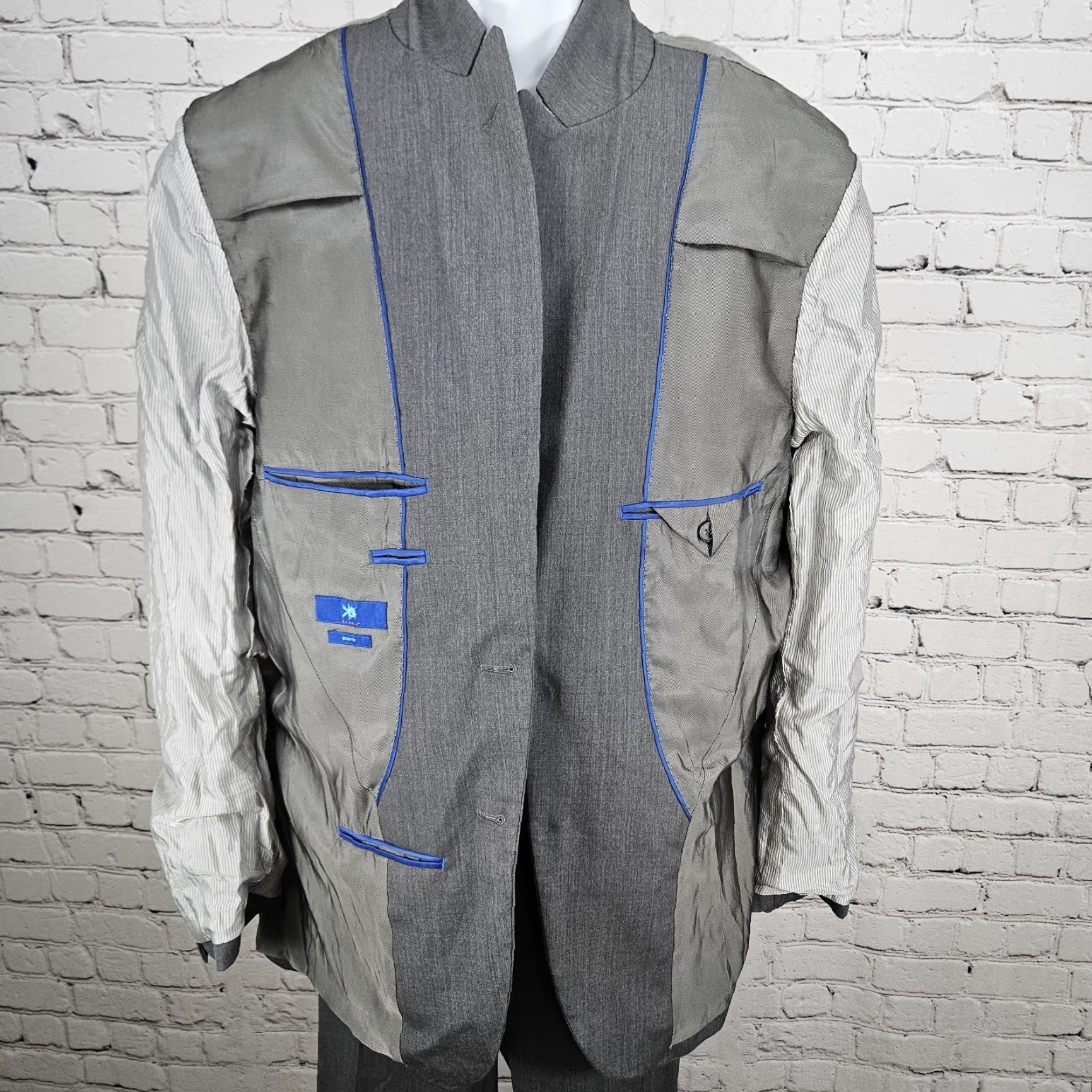Egara Egara Grey 100% Wool Full Suit Set 2 Piece Peak 2 Button Slim Fit Blazer 44L/38 Size 44R - 6 Thumbnail