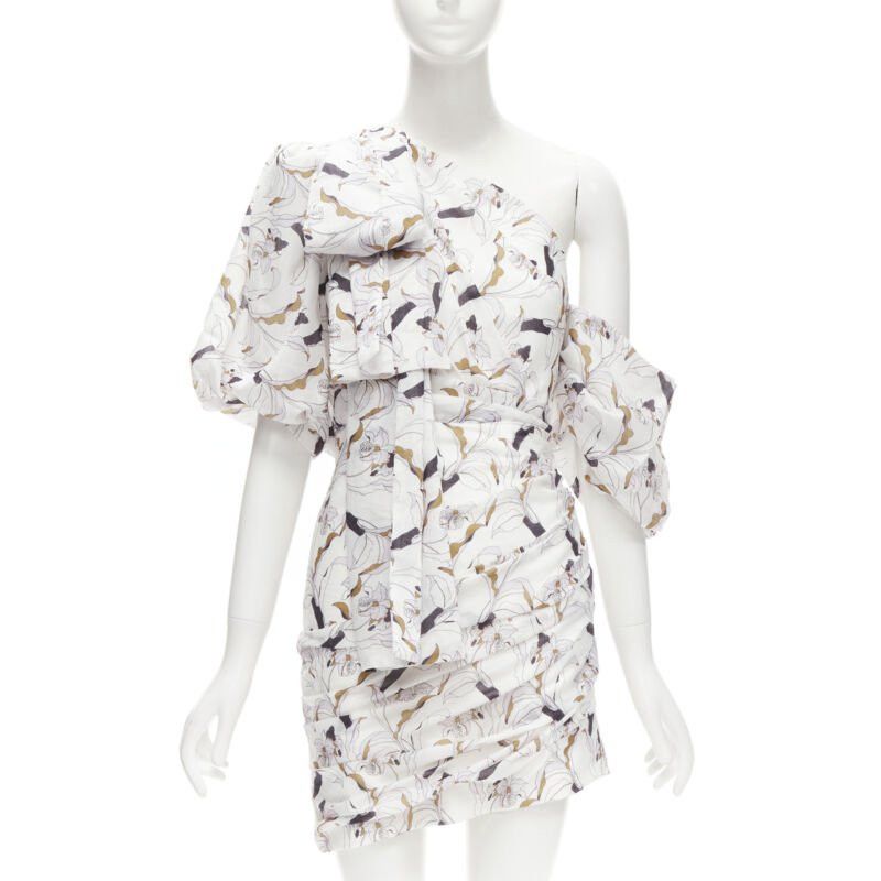 Acler ACLER Maves white floral print bow off shoulder puff sleeve dress US2 XS Size S / US 4 / IT 40 - 1 Thumbnail