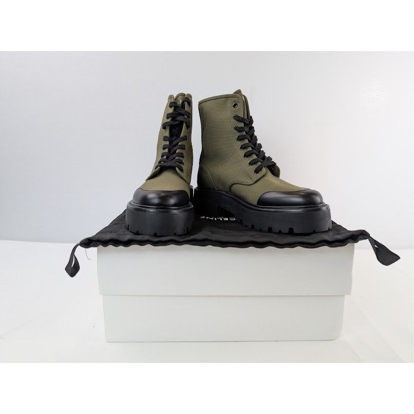 Celine o1rshd1 Canvas Bulky Shiny Lace-Up Boots Olive Green / Black Size US 9 / EU 42 - 19 Thumbnail