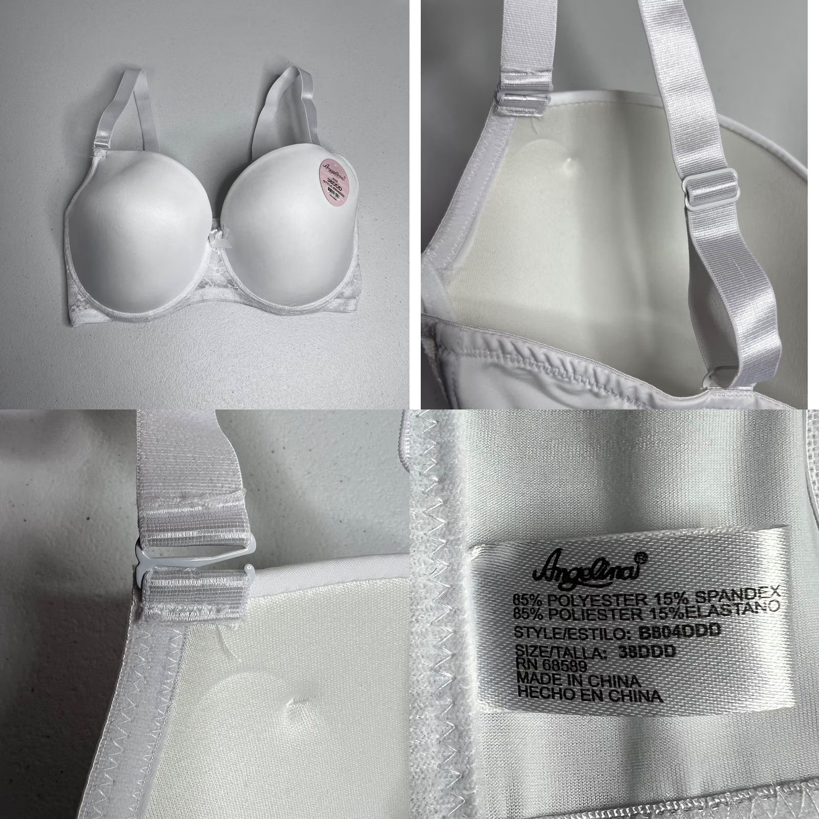 Vintage Angelina Bra Lightly Padded Underwire Convertible Straps Womens 38DDD White Lace 68589 Size ONE SIZE - 8 Thumbnail