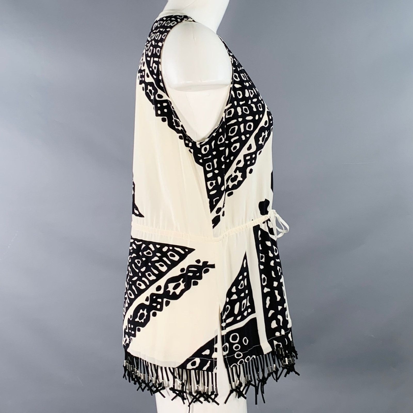 Altuzarra ALTUZARRA Black Cream Abstract Sleeveless Fringe Casual Top Size M / US 6-8 / IT 42-44 - 3 Thumbnail
