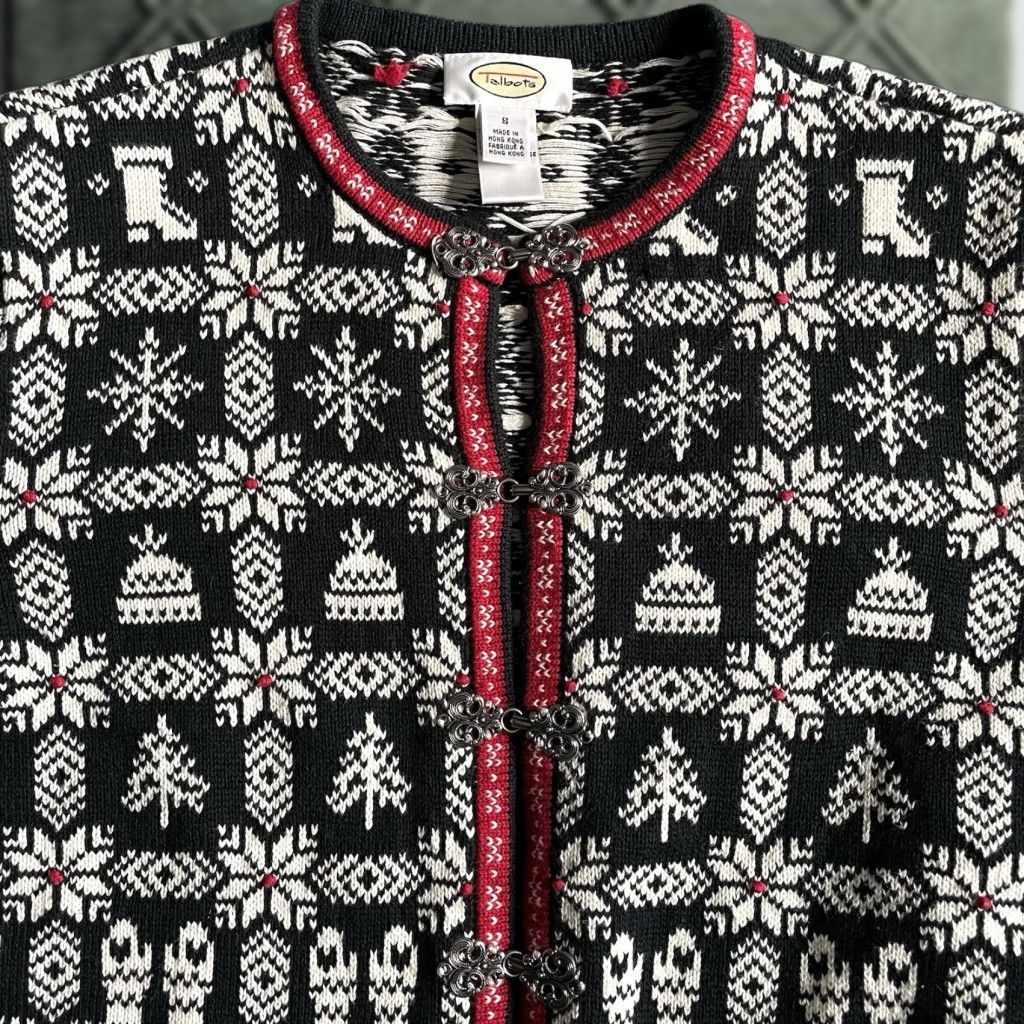 Talbots VTG Talbots Nordic Fair Isle Snowflake Button Up Sweater Cardigan S Black Cotton Size S / US 4 / IT 40 - 1 Thumbnail