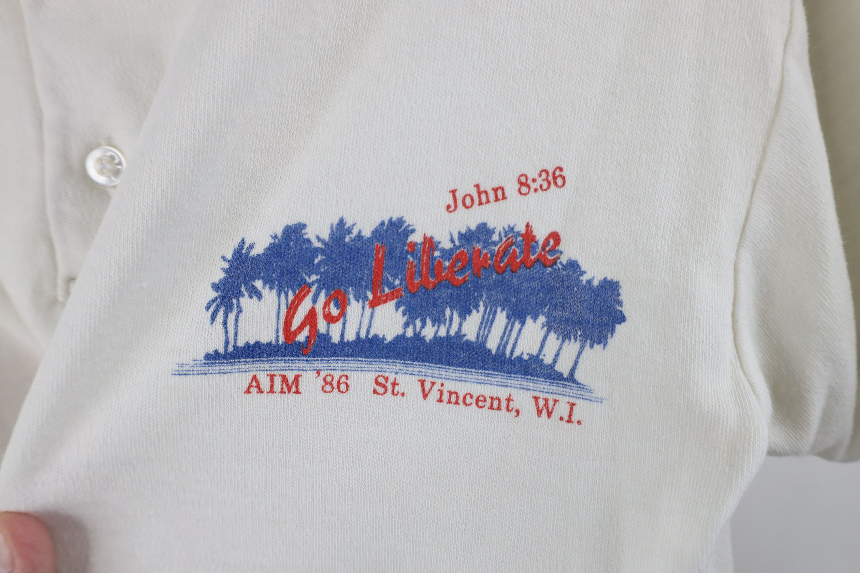 Vintage Vintage 80s John 8:36 Go Liberate AIM 1986 Polo Shirt USA Size US S / EU 44-46 / 1 - 4 Thumbnail