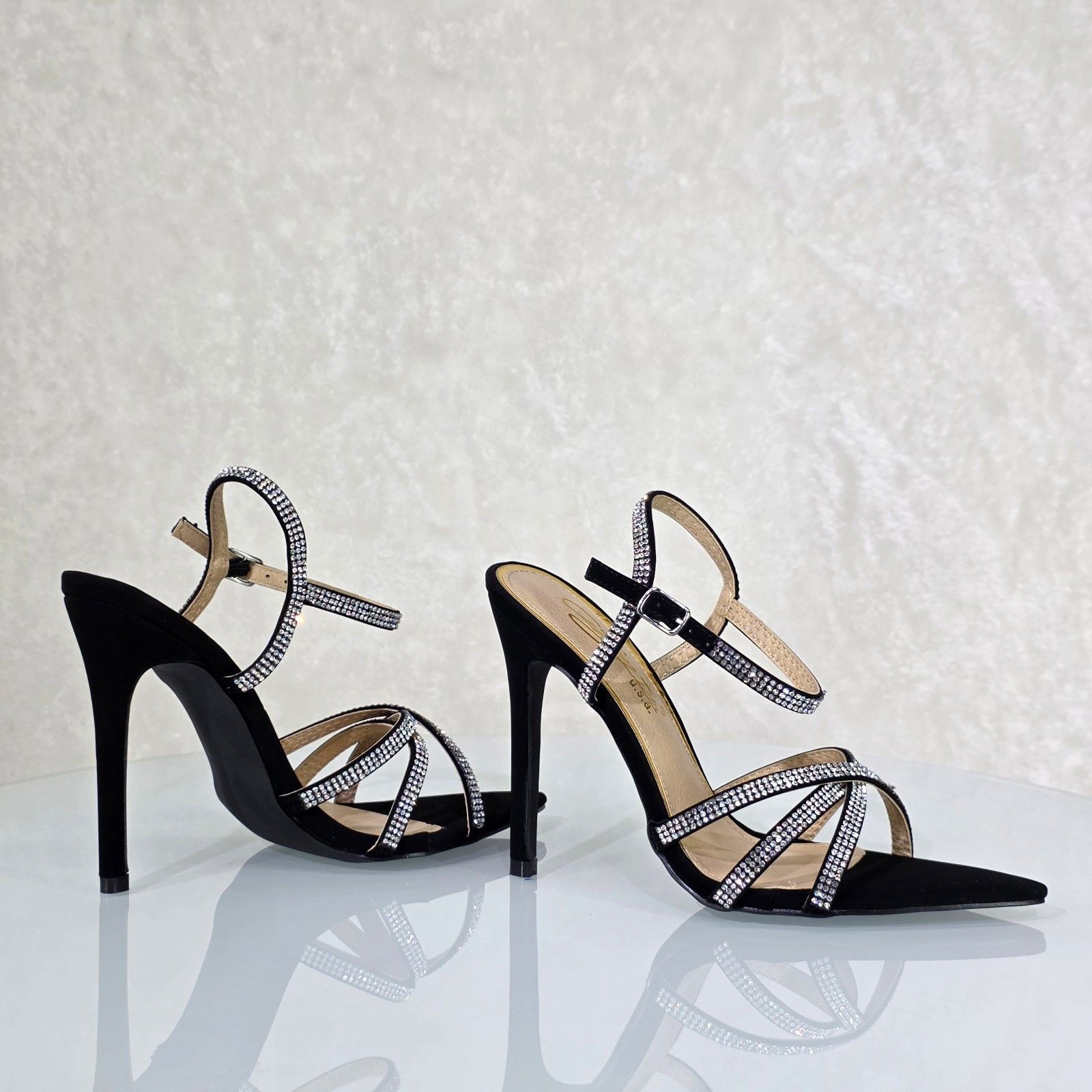 Other Marge Black Velvet Rhinestone Ankle Strap High Heels Evening Size US 5.5 / IT 35.5 - 3 Thumbnail