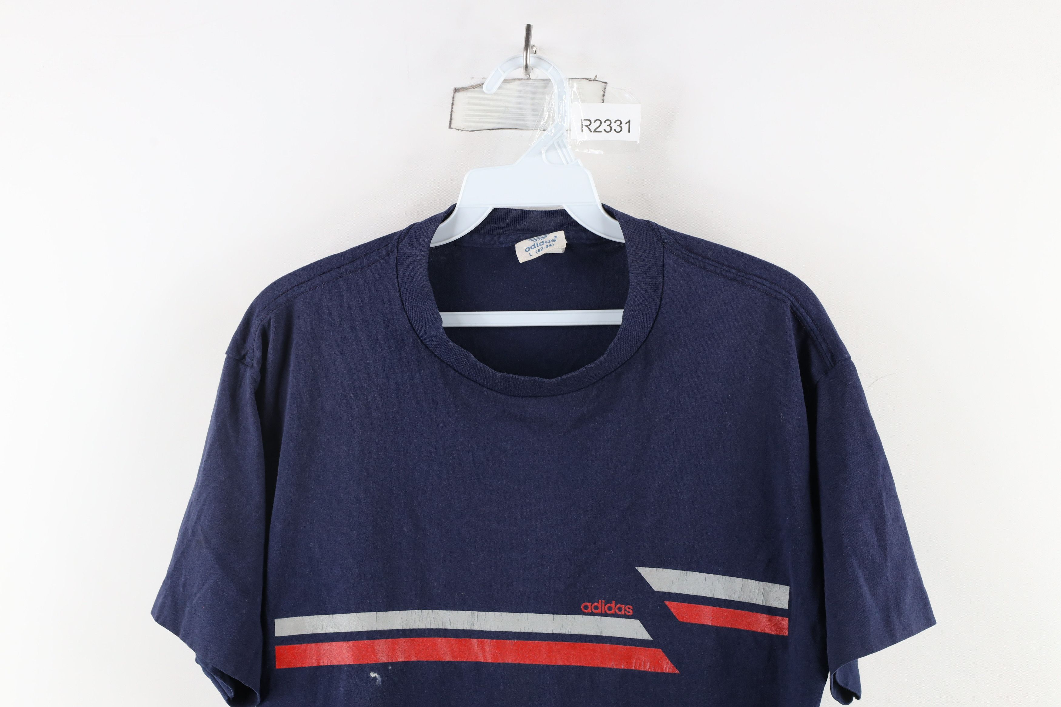 Adidas × Vintage Vintage 70s 80s Adidas Spell Out Striped T-Shirt Blue USA Size US L / EU 52-54 / 3 - 2 Thumbnail