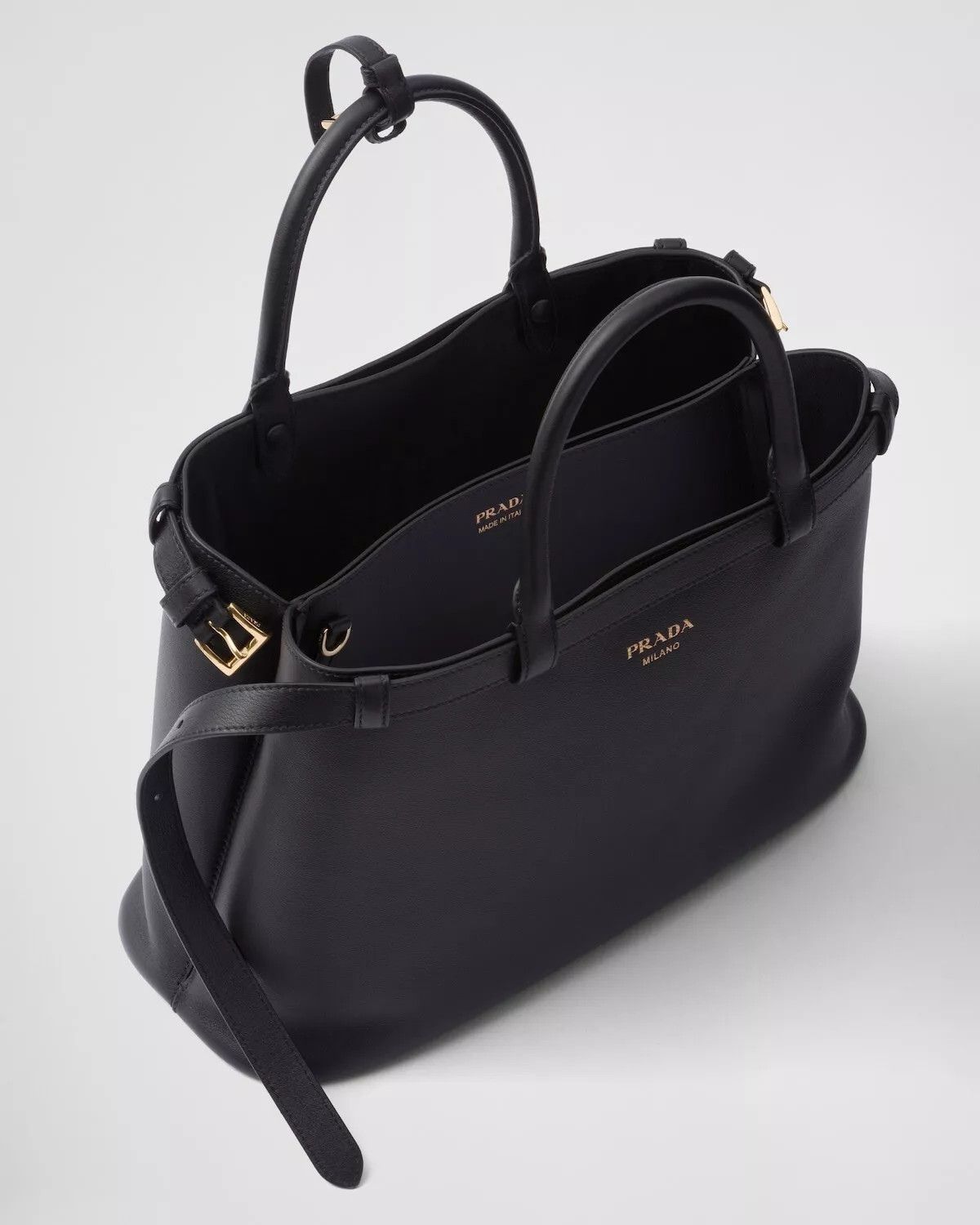Prada PRADA Buckle Medium Black Leather Double Belted Handbag New Size ONE SIZE - 4 Thumbnail