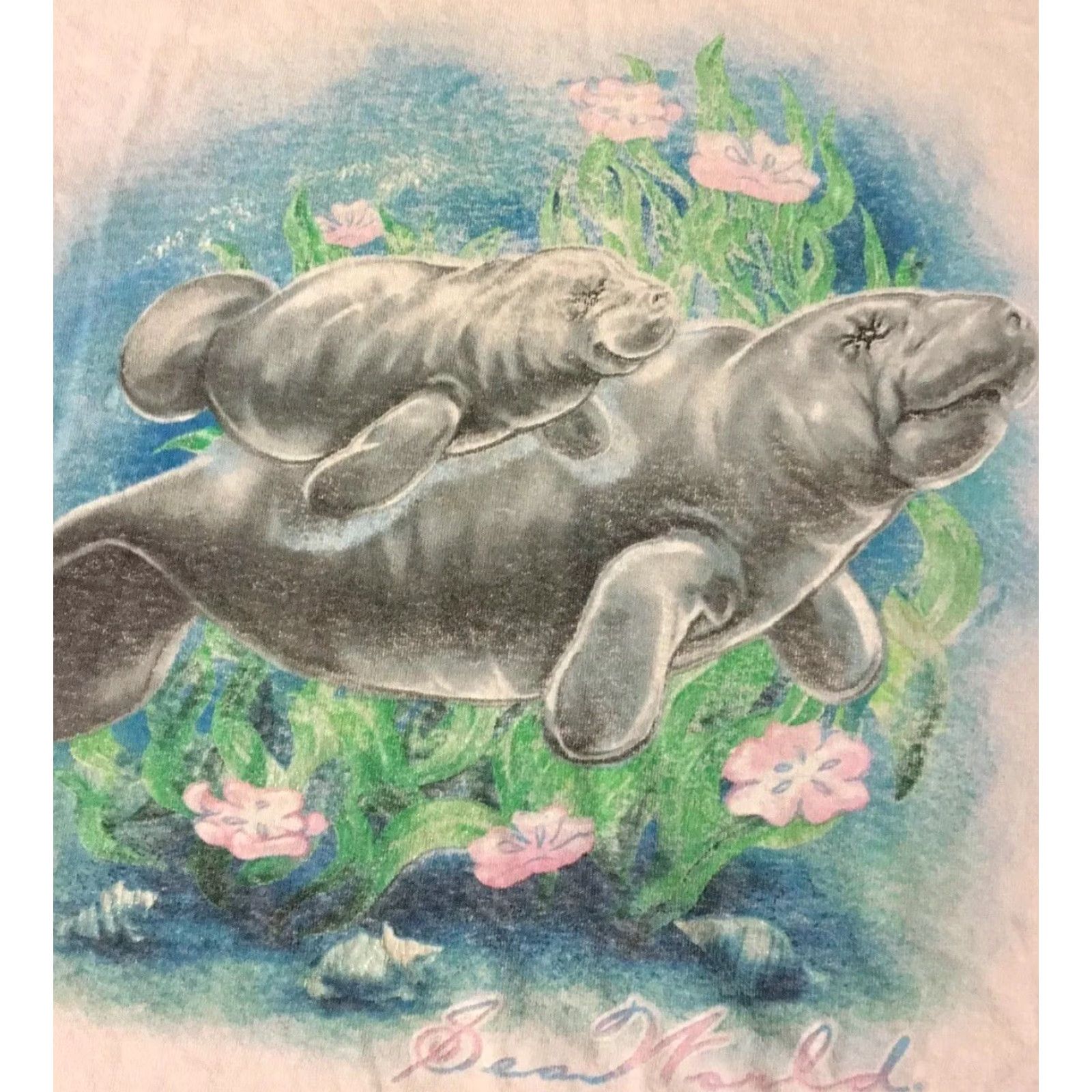 Delta VINTAGE Sea World Manatee T-Shirt XL Pink Distressed 90s Grunge Ocean Outdoor Theme Park DK? Size US XL / EU 56 / 4 - 2 Thumbnail