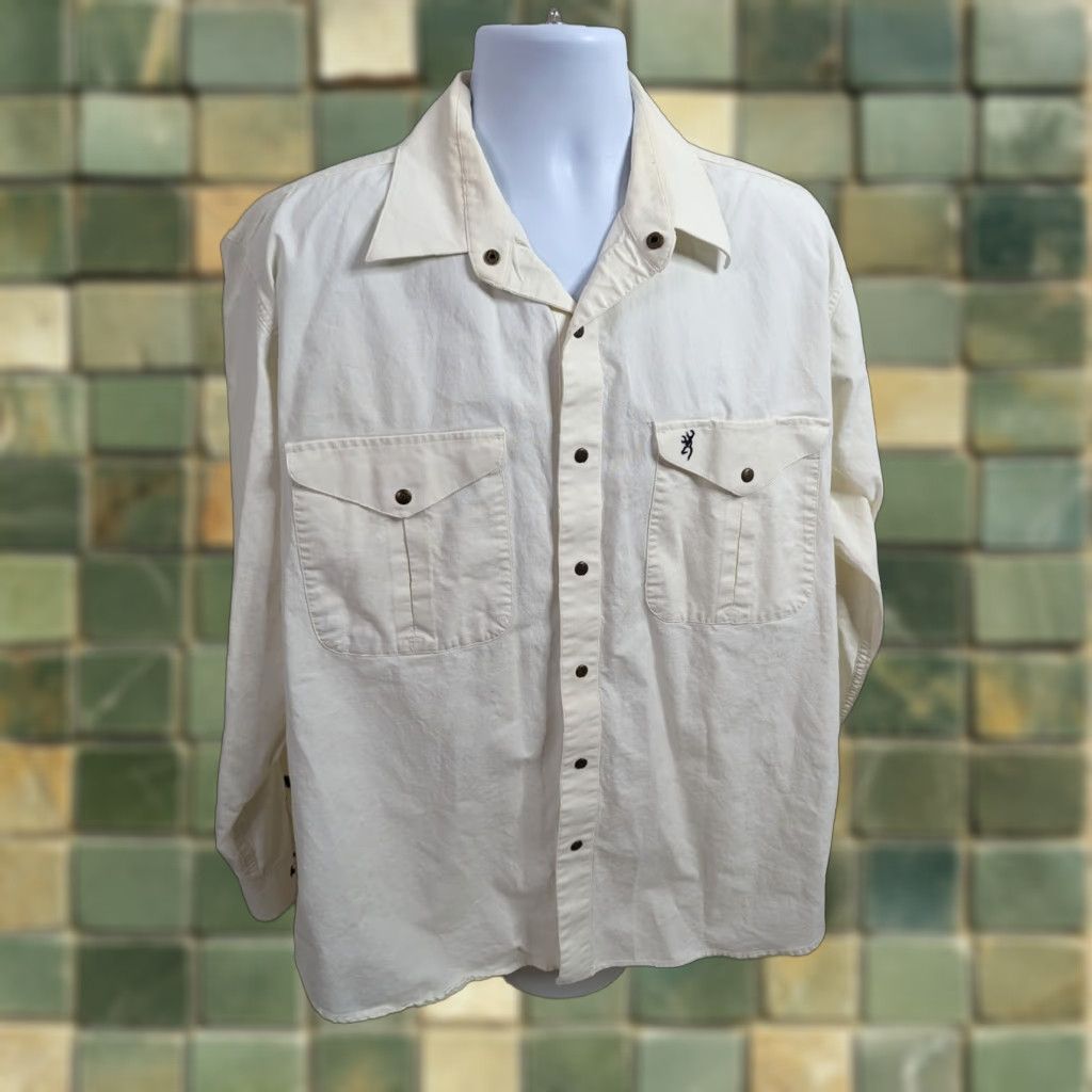 Vintage VINTAGE Browning Canvas Shirt Snap Front Long Sleeves White XL Mens Logo Harley Davison T4F Size US XL / EU 56 / 4 - 1 Thumbnail