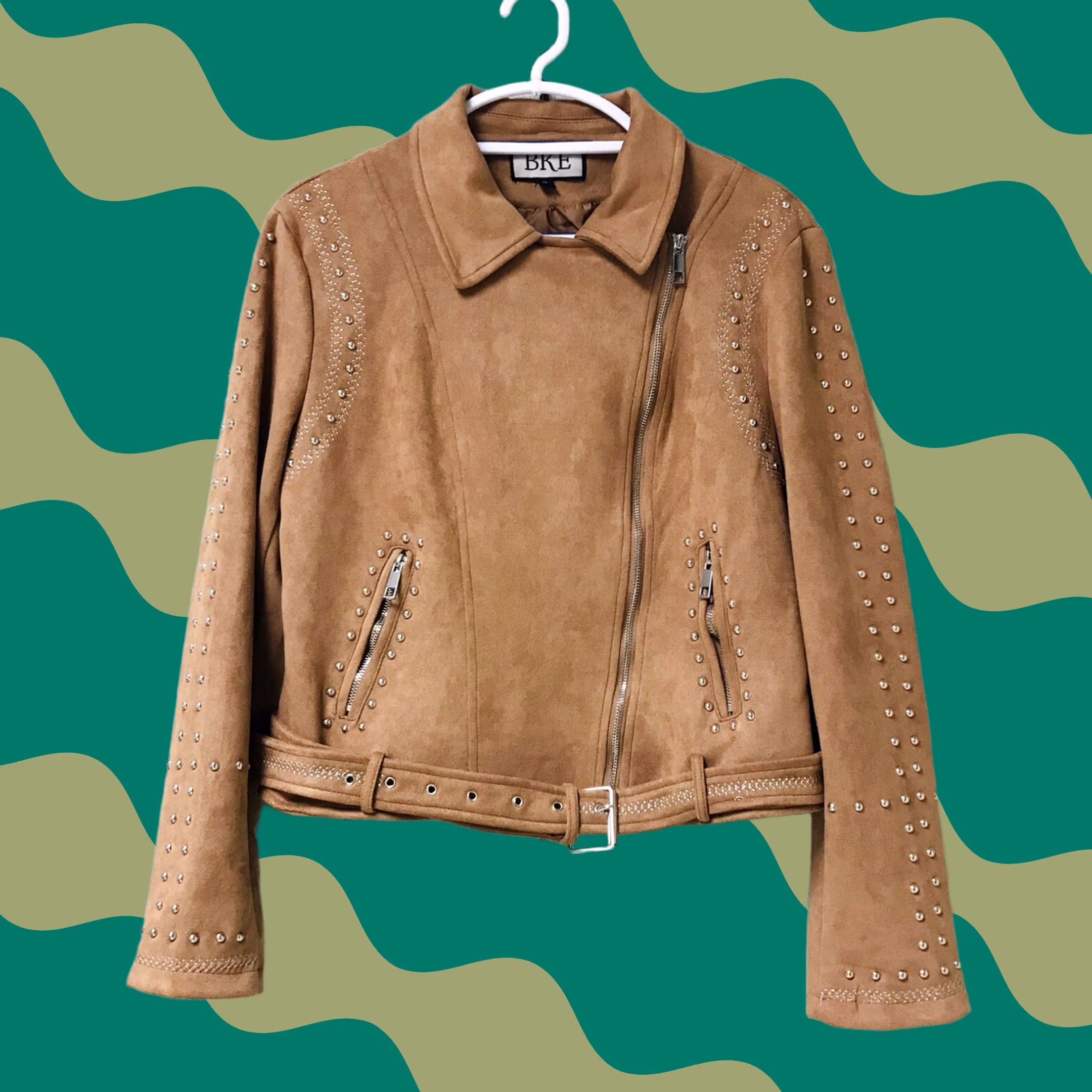 BKE BKE Women Brown Faux Suede Studded Stretch Asymmetrical Zip Jacket XL Jacket Womens Brown Leatherette Buckle Zipper Pockets Motorcycle Size XL / US 12-14 / IT 48-50 - 1 Thumbnail