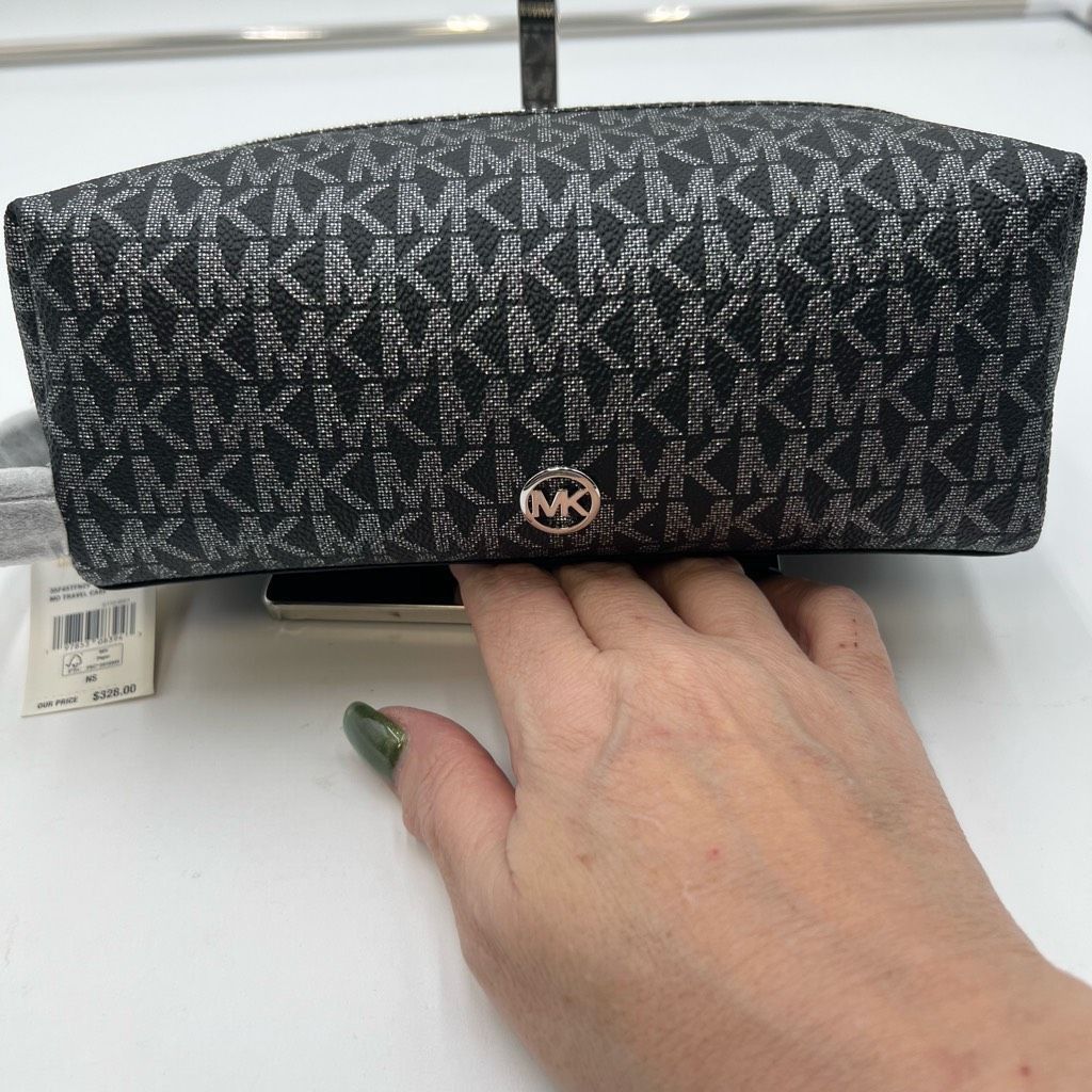 Michael Kors Black and Silver MD Travel Case with Snakeskin Embossed Leather on bottom and Handle