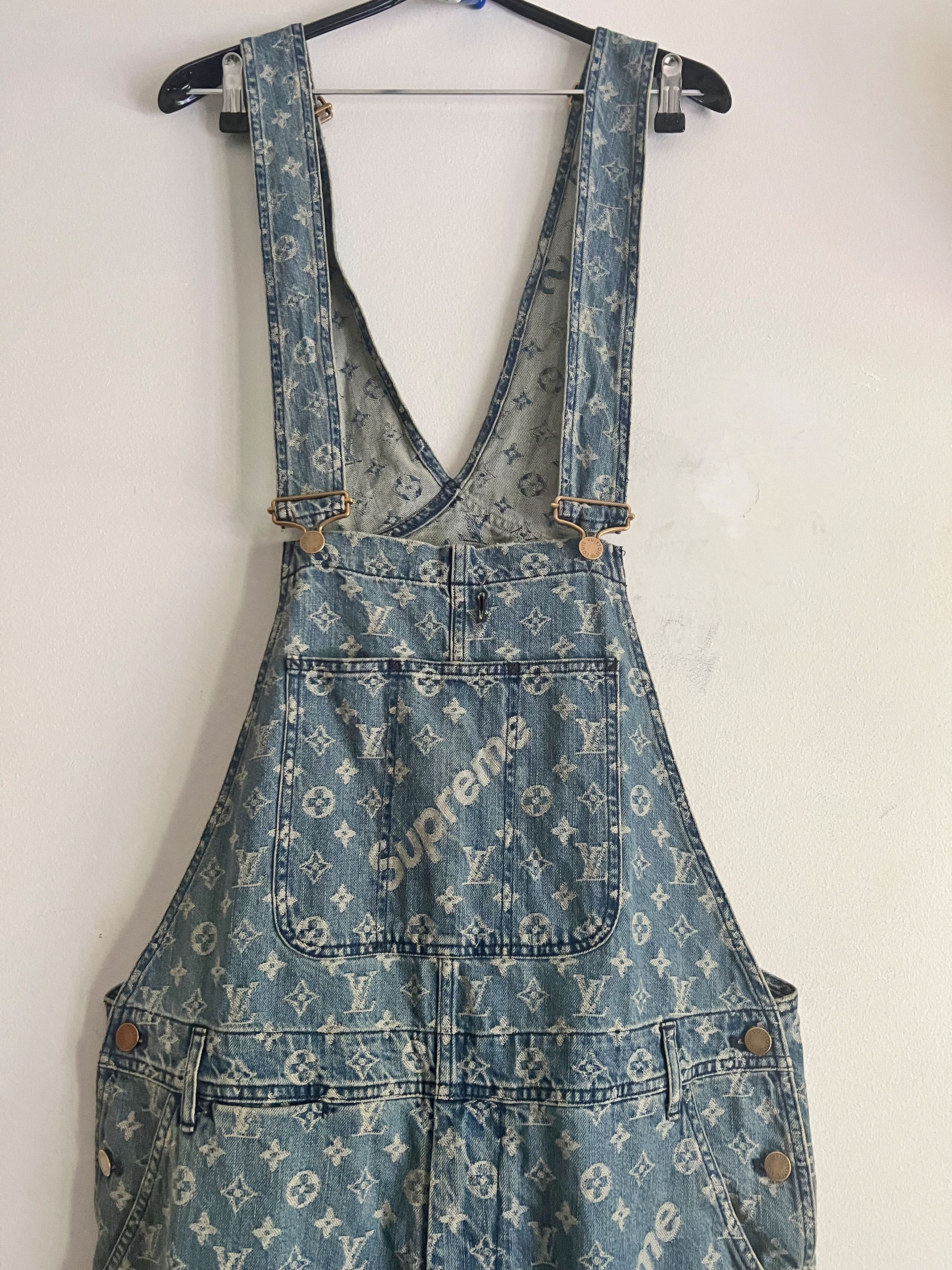 LV X Supreme Sz32 Blue Monogram Denim Overall Bottoms