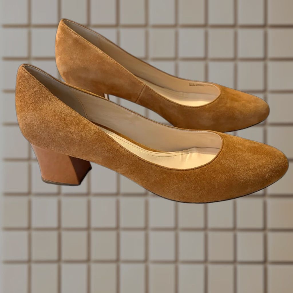 Cole Haan Women's Brown Suede & Patent Leather Pumps Size 9.5 - Block Heel Shoes, Almond Toe, Comfort, Designer Shoes