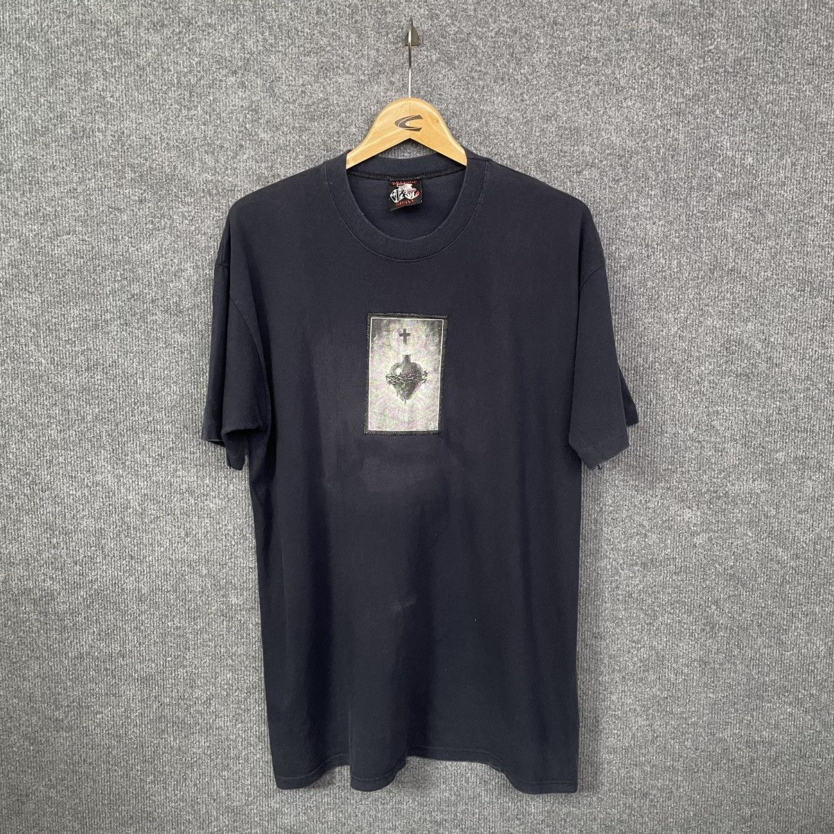 image of Archival Clothing Vintage 90's Archaic Smile Love Cross T Shirt in Dark Blue, Men's (Size Large)