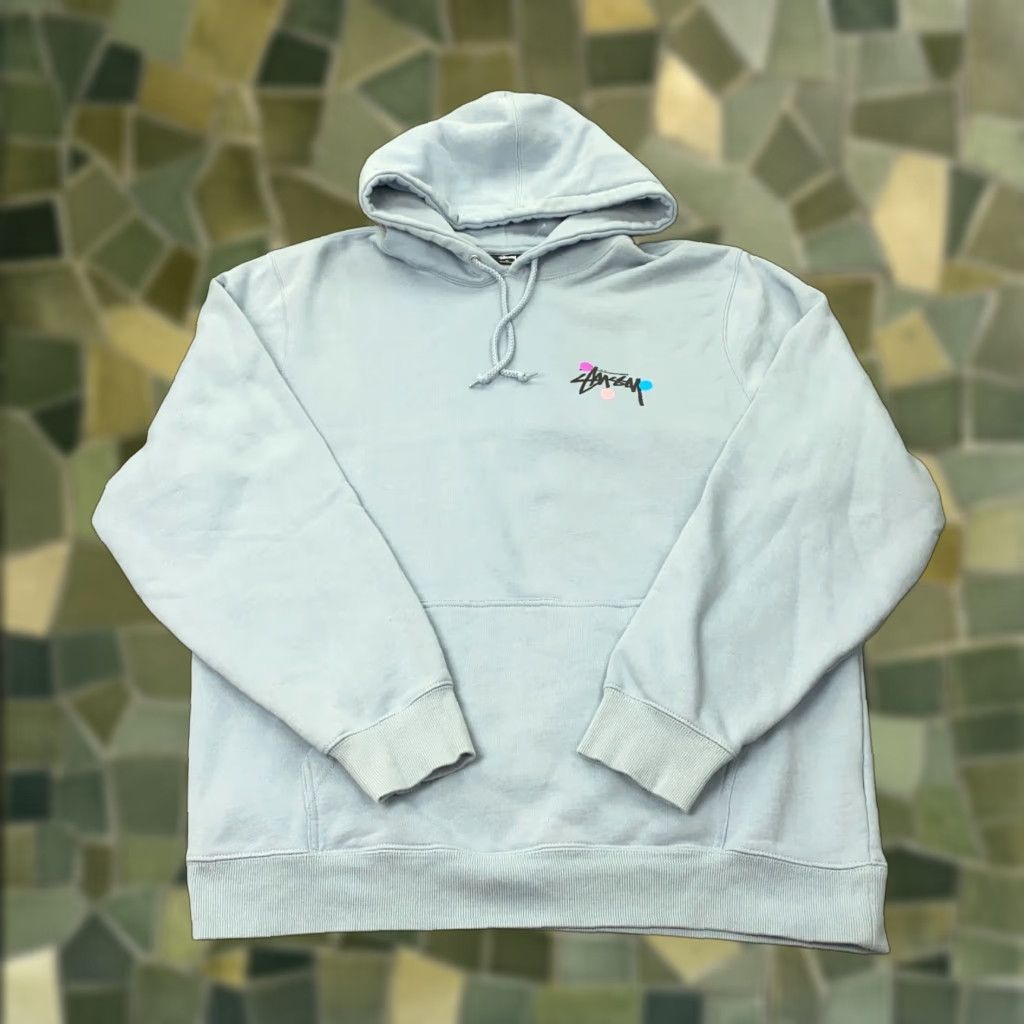 Stussy Hoodie Mens XL Blue Sweatshirt SK8 Dot Collage Beach Designer Grunge Hip Hop Embroidered Pullover - 80s?