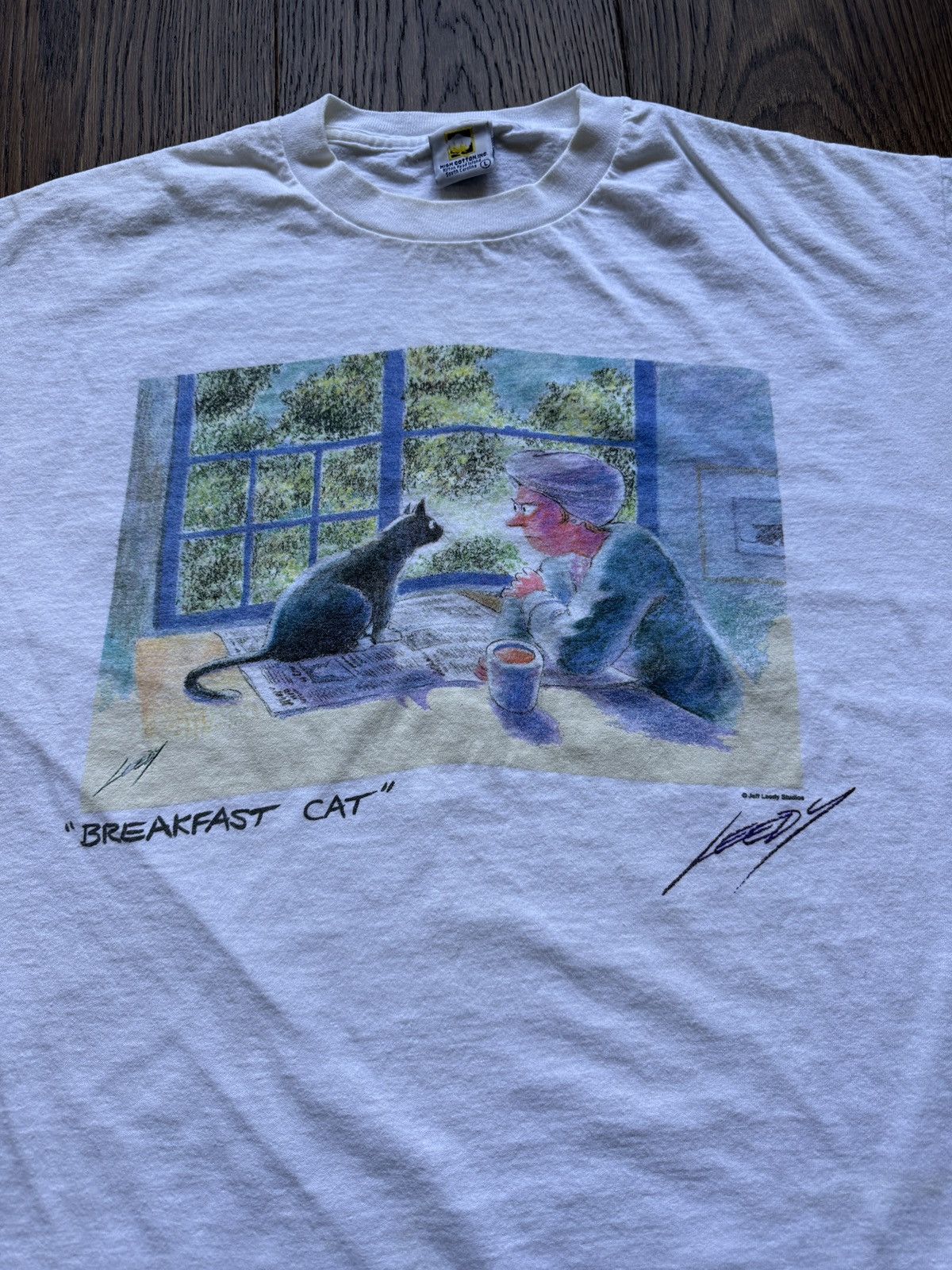 Vintage Vintage 90s Breakfast Cat Jeff Leedy Art Graphic Tee Size US L / EU 52-54 / 3 - 1 Thumbnail