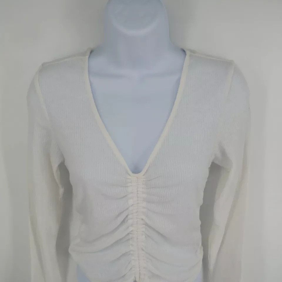 Other Ultra Flirt Ruched Rib Knit V-Neck Long Sleeve Top Medium Wh Size M / US 6-8 / IT 42-44 - 2 Thumbnail
