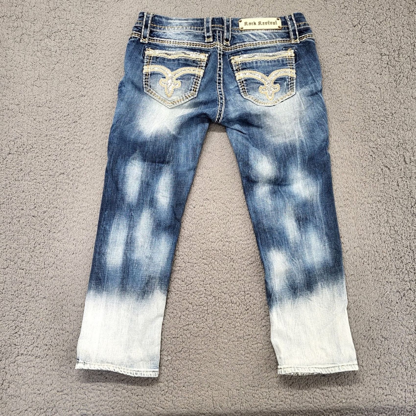 Vintage Rock Revival Capri Womens 31 Denim Embroidered Bedazzled Aroa Capris 5-Pocket Buckle Bke Jeans Blue Short/Medium Sized Womens Size ONE SIZE - 3 Thumbnail