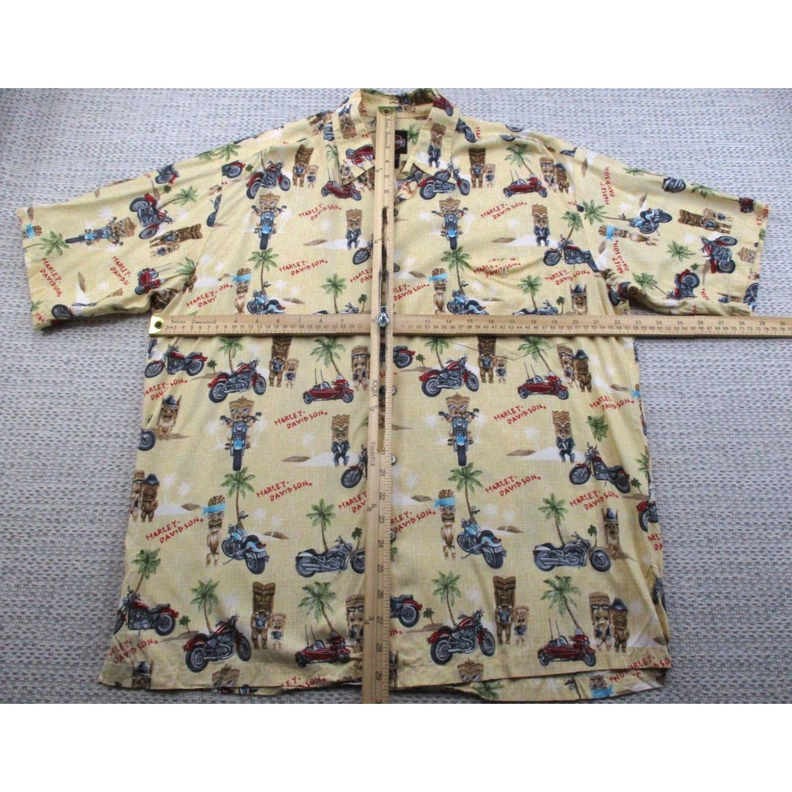 Harley Davidson Harley-Davidson Shirt Mens M Hawaiian Tiki Motorcycle Palm Tree Aloha Rayon USA Yellow Graphic Print Casual VintageSummer 70s? Size US M / EU 48-50 / 2 - 7 Thumbnail