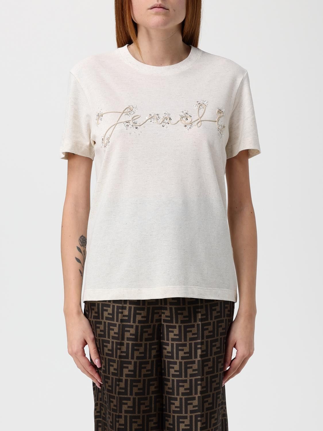 Fendi Fendi T-Shirt Woman Beige Size L / US 10 / IT 46 - 1 Thumbnail