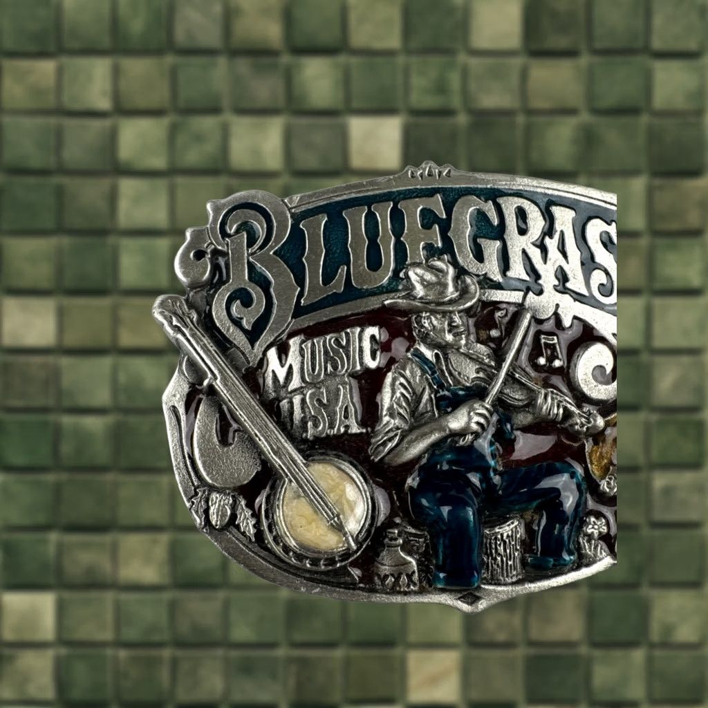 Vintage VINTAGE 1982 Bluegrass Music USA Belt Buckle Banjo Fiddle Pewter Enamel Size ONE SIZE - 1 Thumbnail