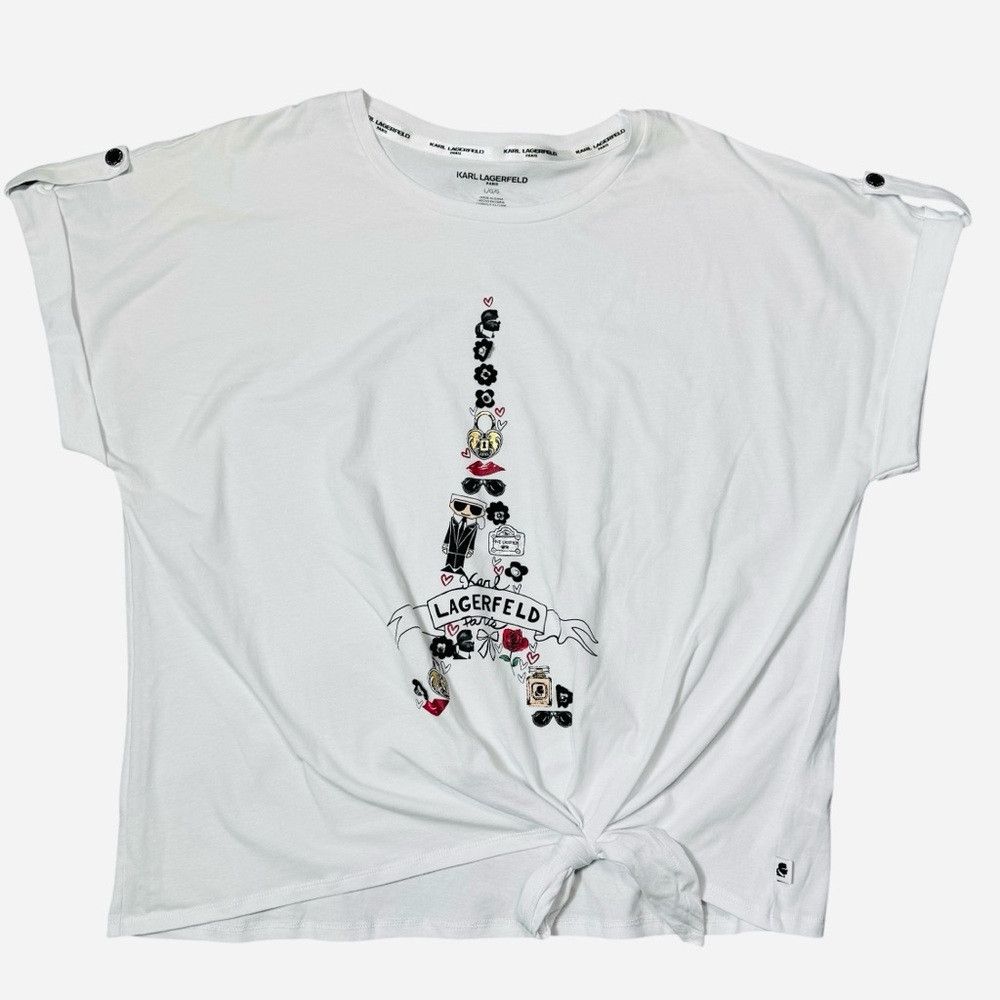 Karl Lagerfeld NWT New Karl Lagerfeld White Eiffel Tower Knot Front Tee Si Size L / US 10 / IT 46 - 6 Thumbnail