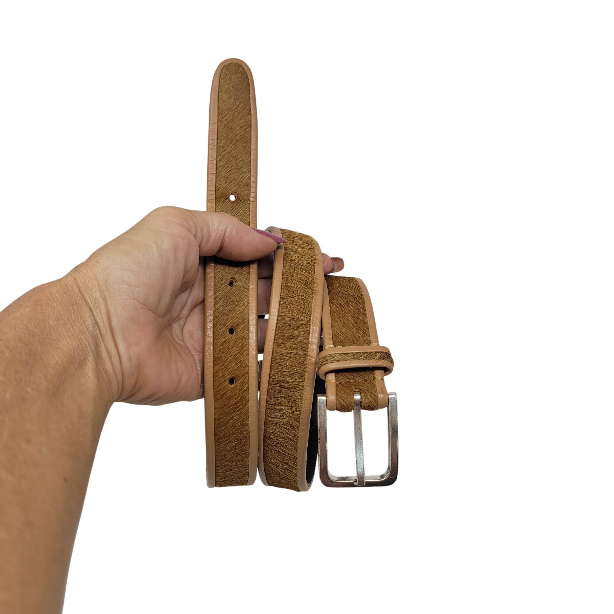 Liz Claiborne Vtg Liz Claiborne Tan Leather Pony Hair Belt Sz XL Cowgirl B Size ONE SIZE - 12 Thumbnail