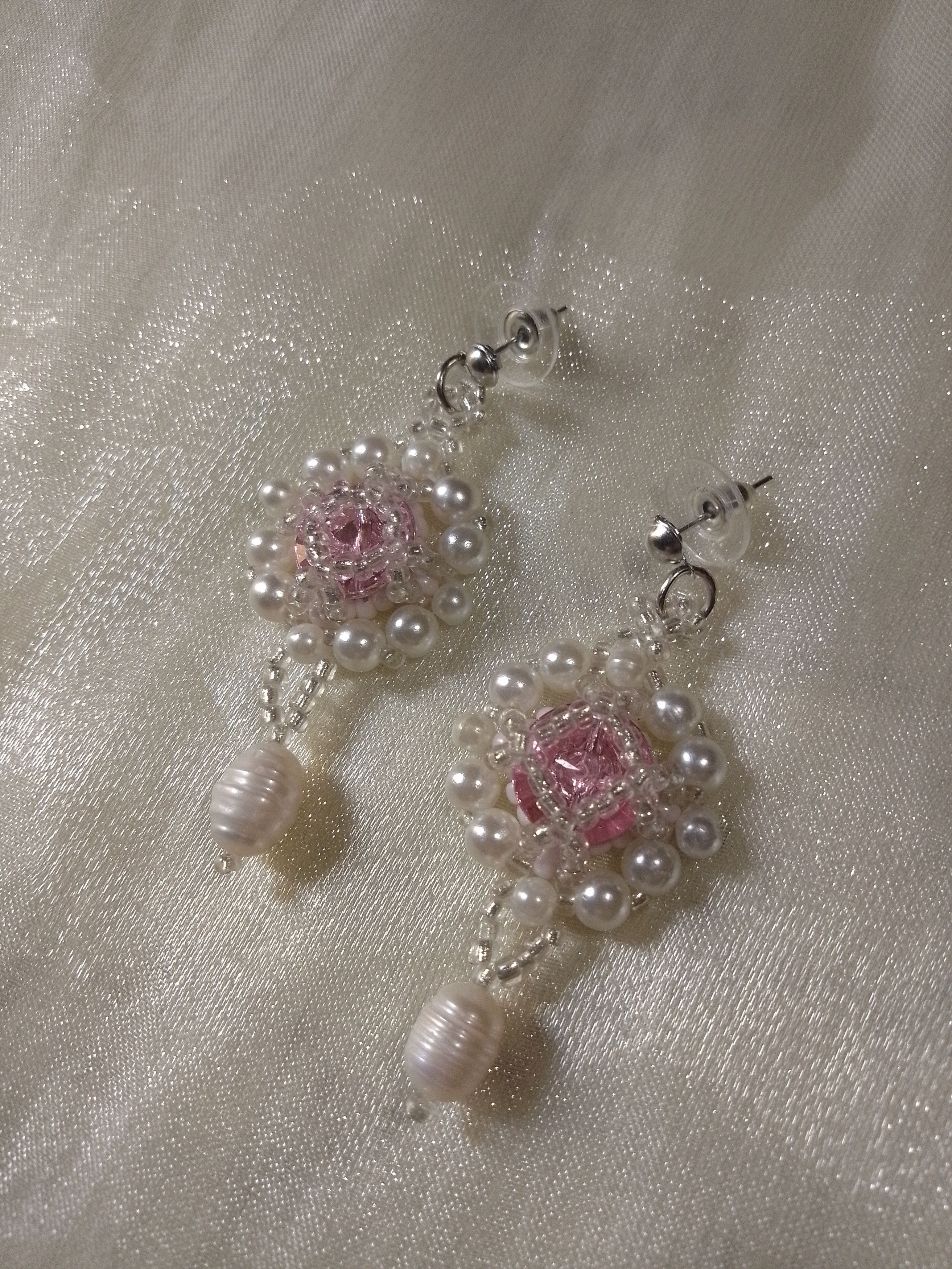 Handmade Jewelery Set Bracelet earrings pink zircons natural pearls Size ONE SIZE - 8 Thumbnail